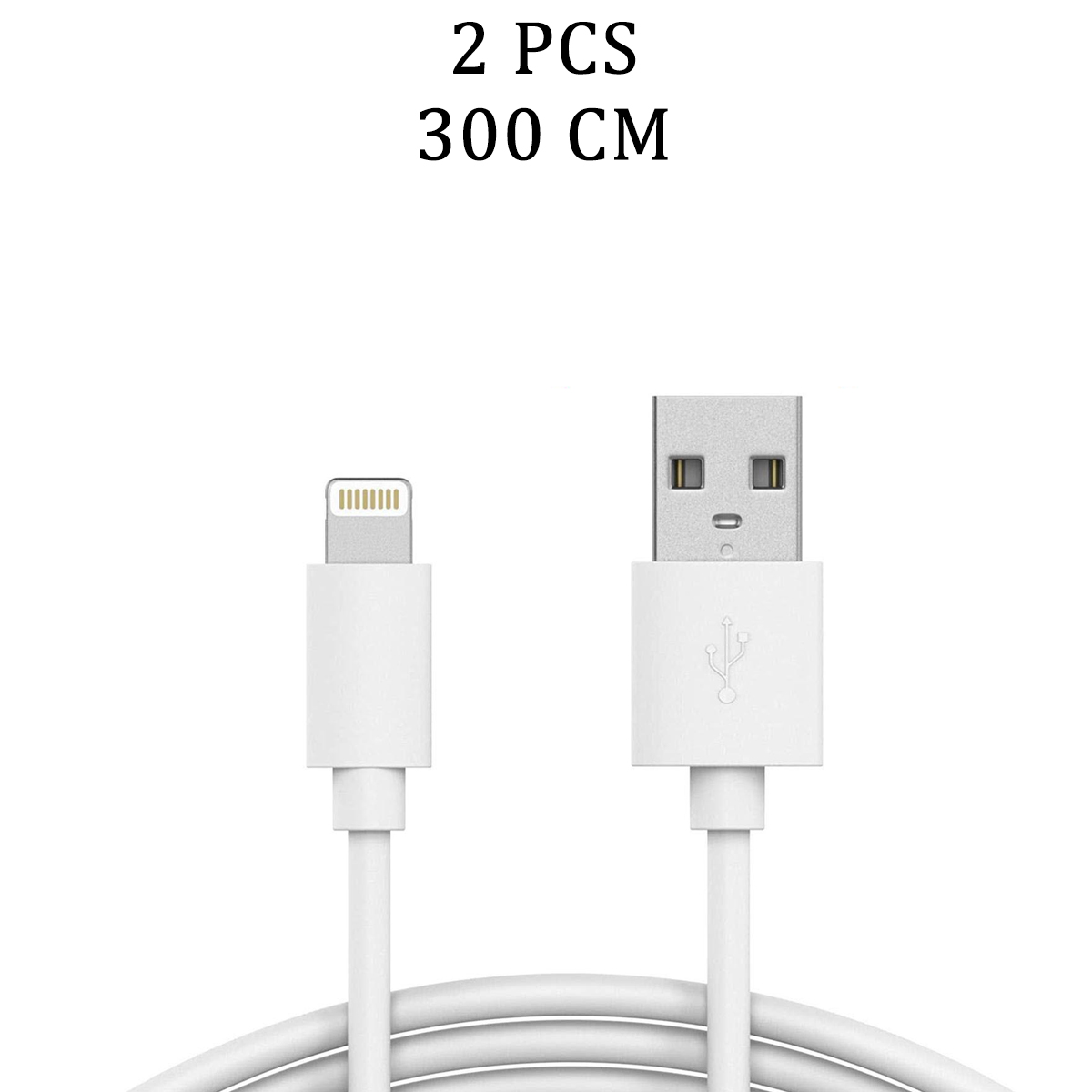 Zwei weiße Ladekabel mit unterschiedlichen Anschlüssen. Oben steht '2 PCS 300 CM'.