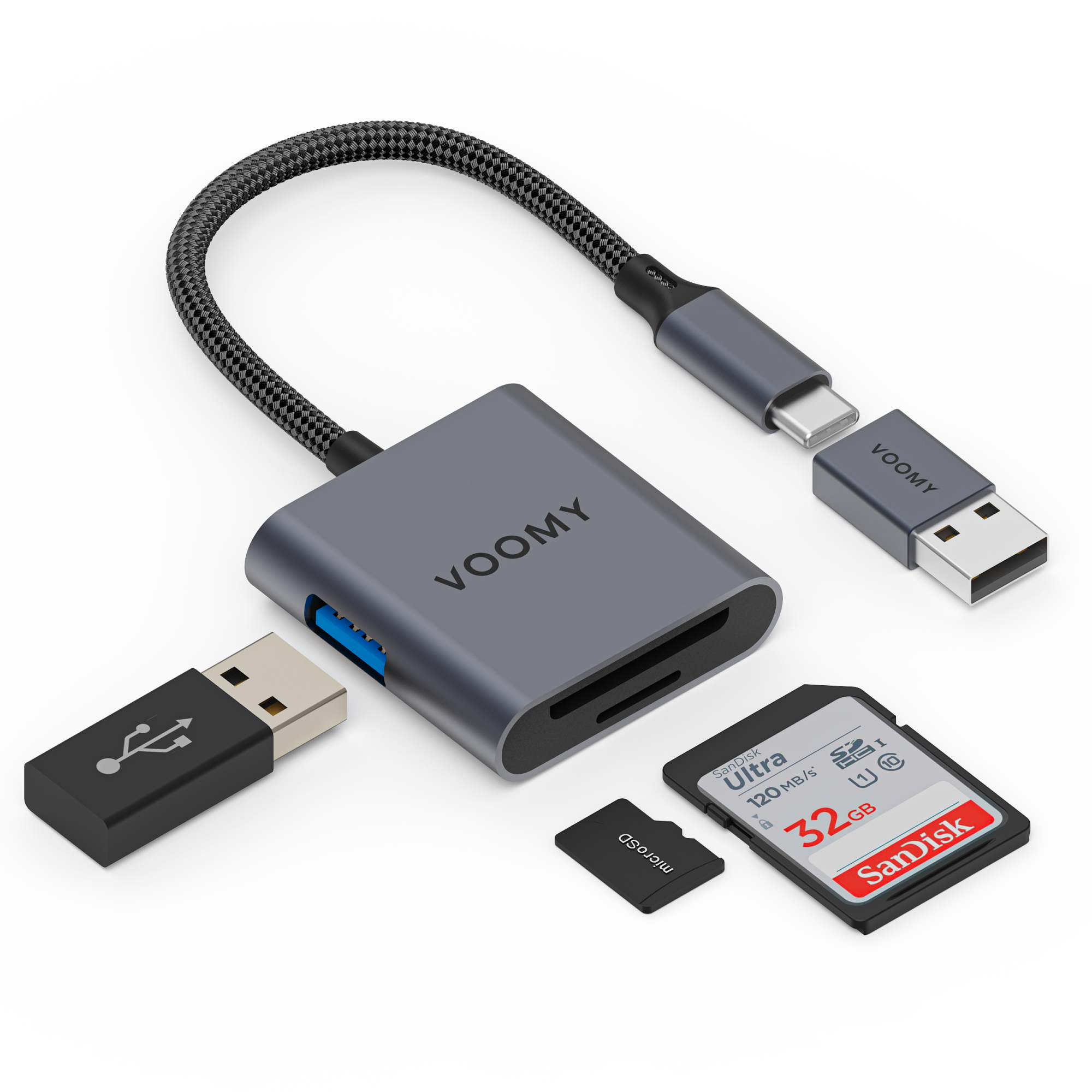 Ein graues VOOMY-Kartenlesegerät mit USB-C- und USB-Anschlüssen, SD- und microSD-Karten und USB-Anschlusssymbolen auf Weiß.