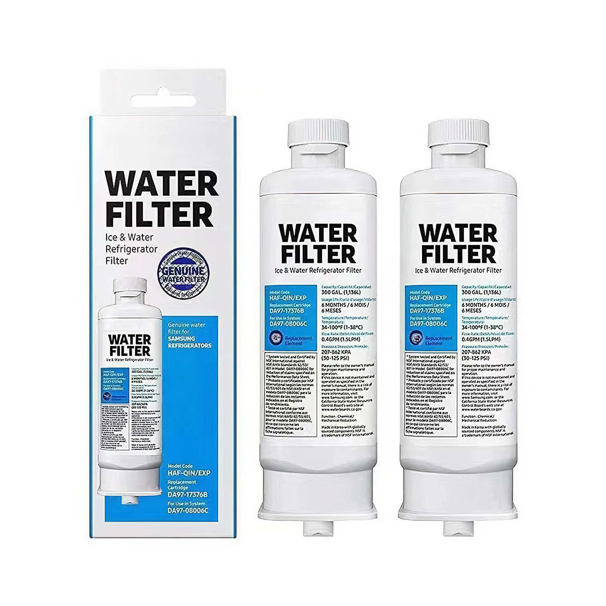 Eine Packung mit zwei weißen Wasserfilterpatronen, jede mit der Aufschrift 'WATER FILTER', mit Produktdetails und einem 'GENUINE WATER FILTER'-Siegel.