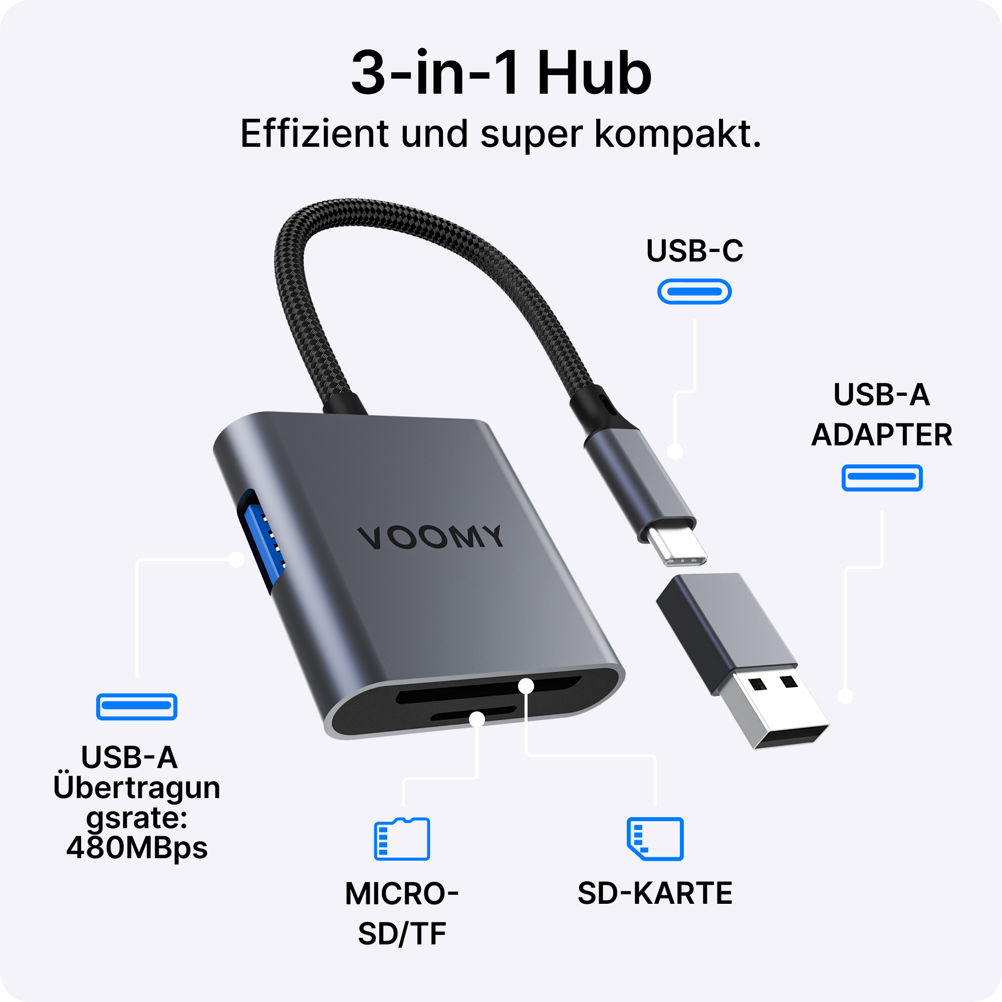 Ein 3-in-1-Hub mit USB-C- und USB-A-Anschlüssen sowie Micro-SD- und SD-Kartensteckplätzen. Grauer Hub, schwarzes Kabel, weißer Hintergrund.