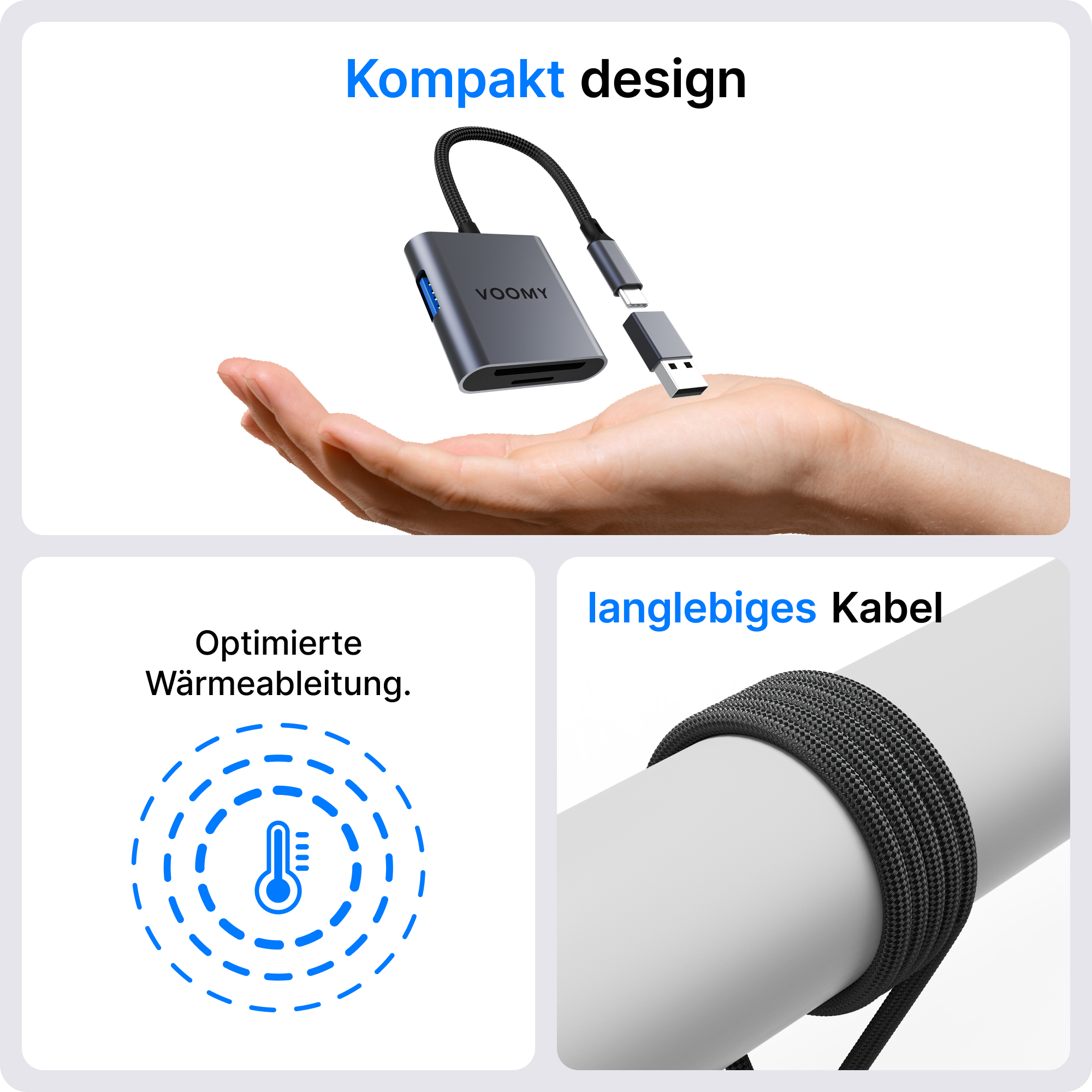 Das Bild zeigt einen VOOMY-Kartenleser, der von einer Hand gehalten wird. Darunter befinden sich Grafiken zur Wärmeableitung und ein robustes Kabel.
