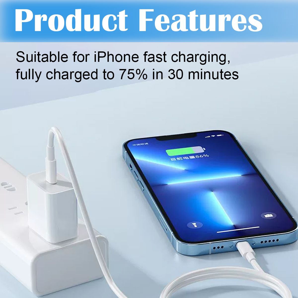 Ein iPhone wird geladen. Ein weißes Ladegerät und Kabel sind an das Telefon angeschlossen. Der Text besagt, dass es in 30 Minuten auf 75 % geladen wird.