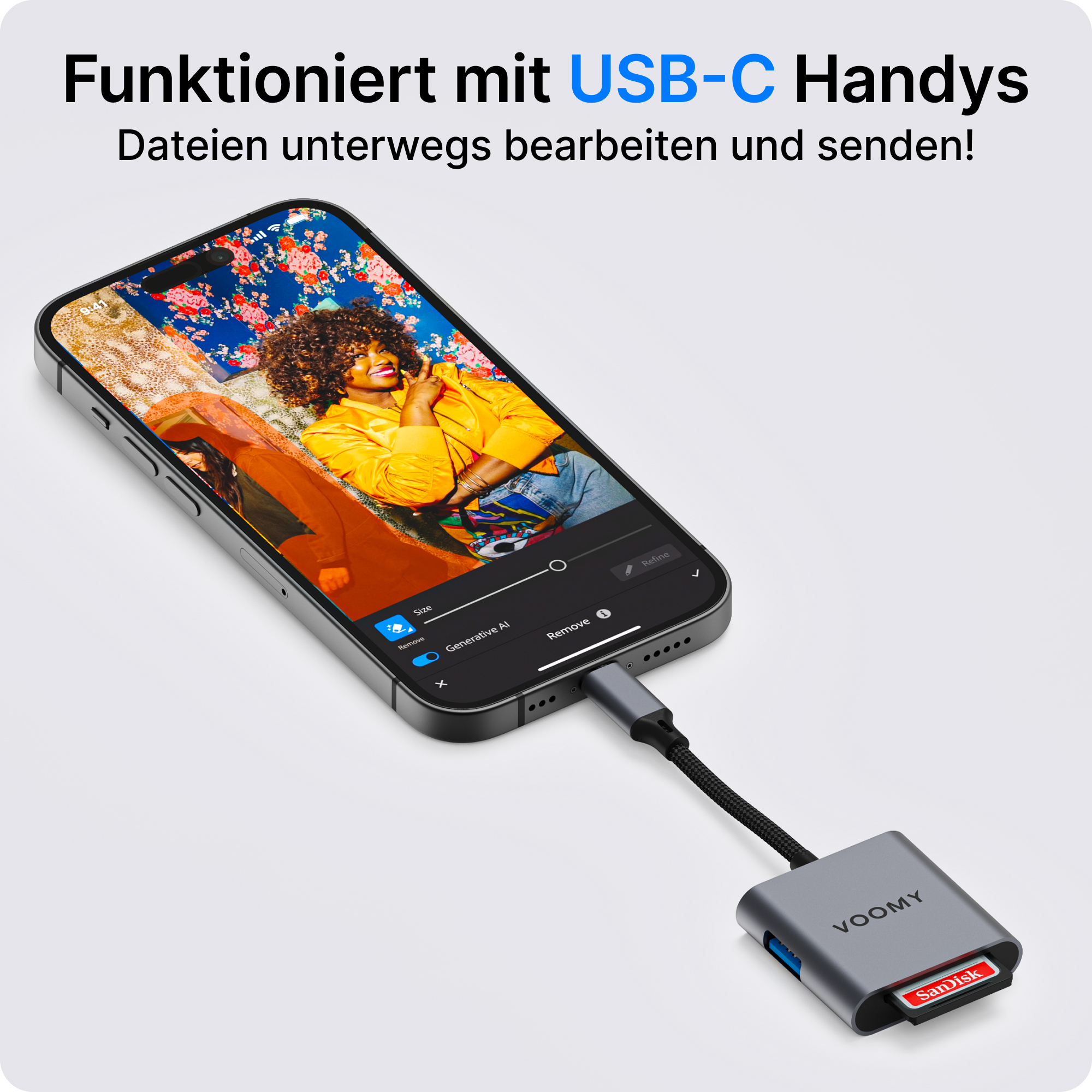 Telefon mit grauem Adapter verbunden, SanDisk-Karte. Das Telefon zeigt Foto einer Person.