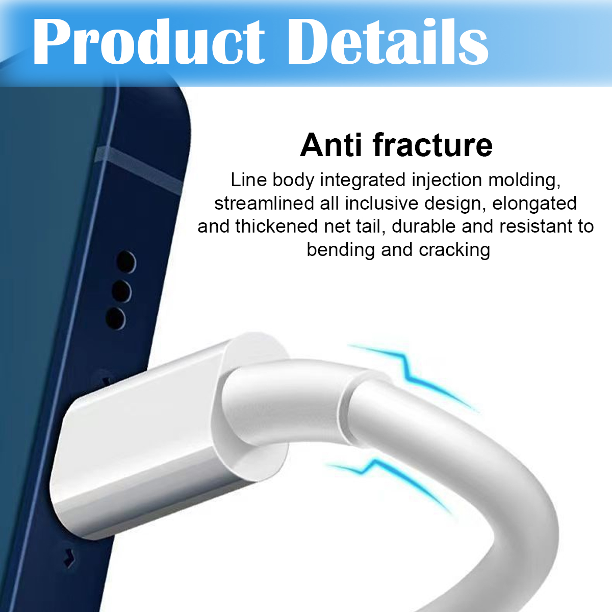 Ein weißes Ladekabel ist mit einem dunkelblauen Telefon verbunden. Der Text lautet 'Anti fracture'.