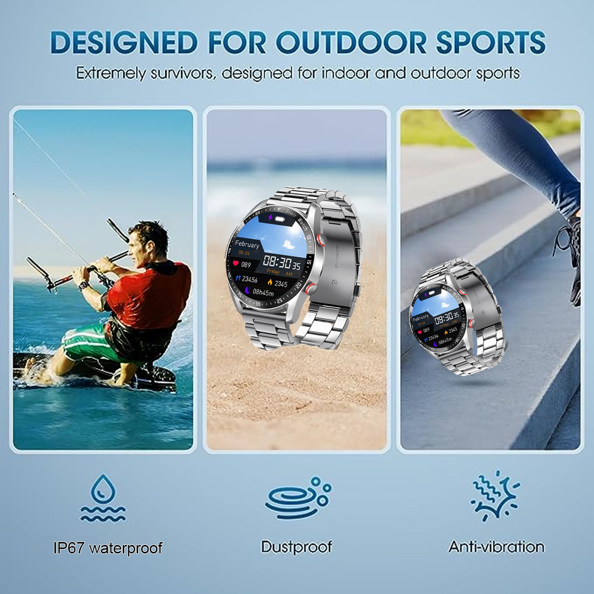 Das Bild zeigt eine Smartwatch und Menschen, die Outdoor-Sport treiben. Es hebt Funktionen wie wasserdicht, staubdicht und vibrationsfest hervor.