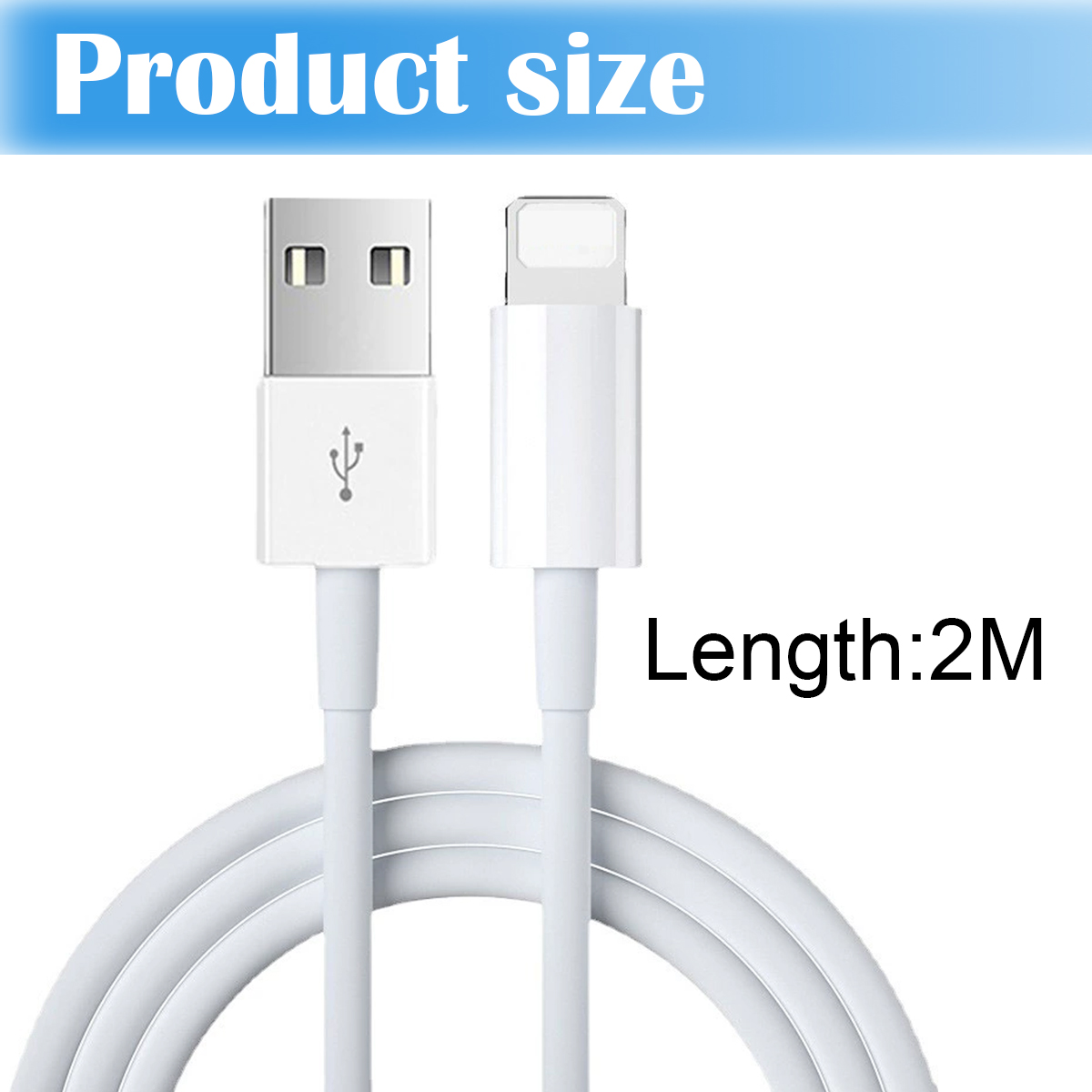 Weißes USB-zu-Lightning-Kabel, 2 m lang. USB- und Lightning-Anschlüsse sind sichtbar. 'Produktgröße' und 'Länge:2M' stehen da.