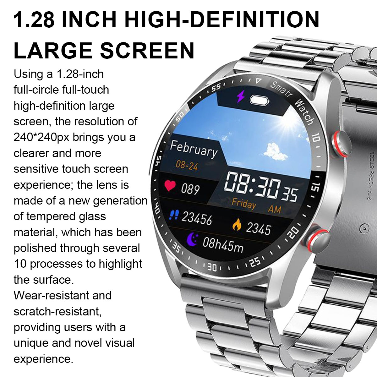 Nahaufnahme einer Smartwatch mit rundem Bildschirm, der Zeit und Datum anzeigt. Die Uhr hat ein Metallarmband und rote Akzente.