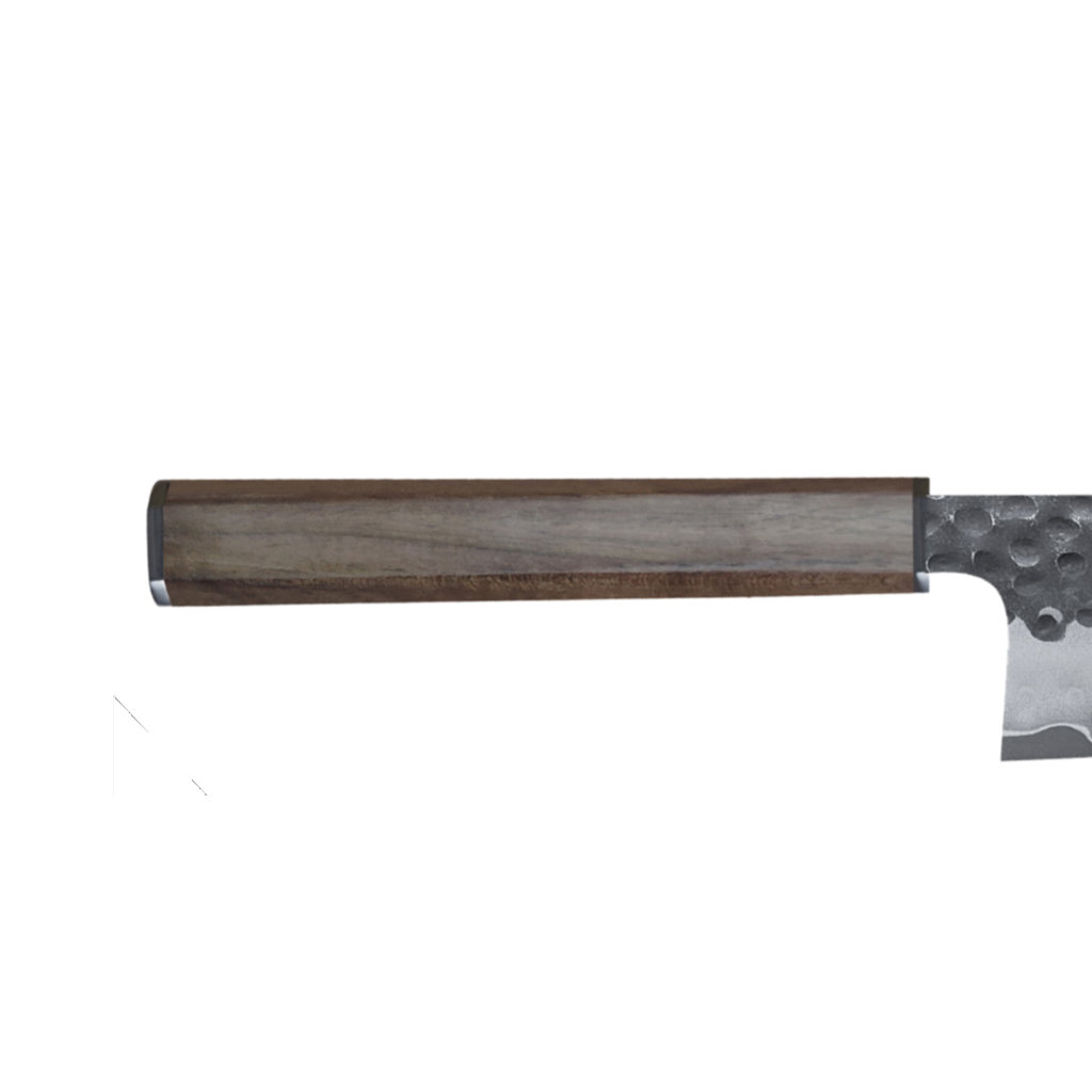 Nahaufnahme eines Messers. Der Griff ist aus braunem Holz, die Klinge aus Metall, und der Hintergrund ist weiß.