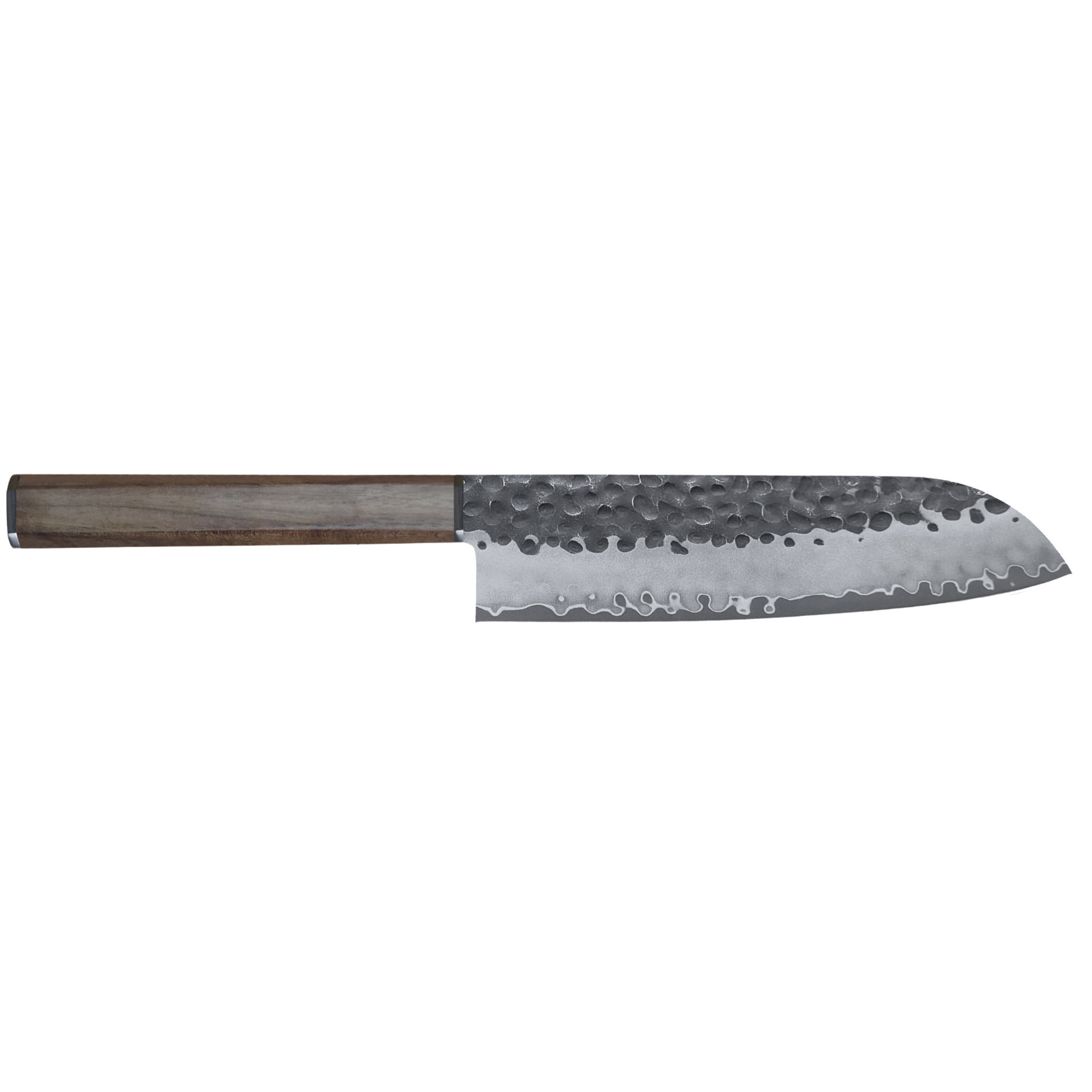 Japanisches Küchenmesser auf weißem Hintergrund. Es hat einen Holzgriff und eine dunkle Metallklinge mit gehammerter Textur.