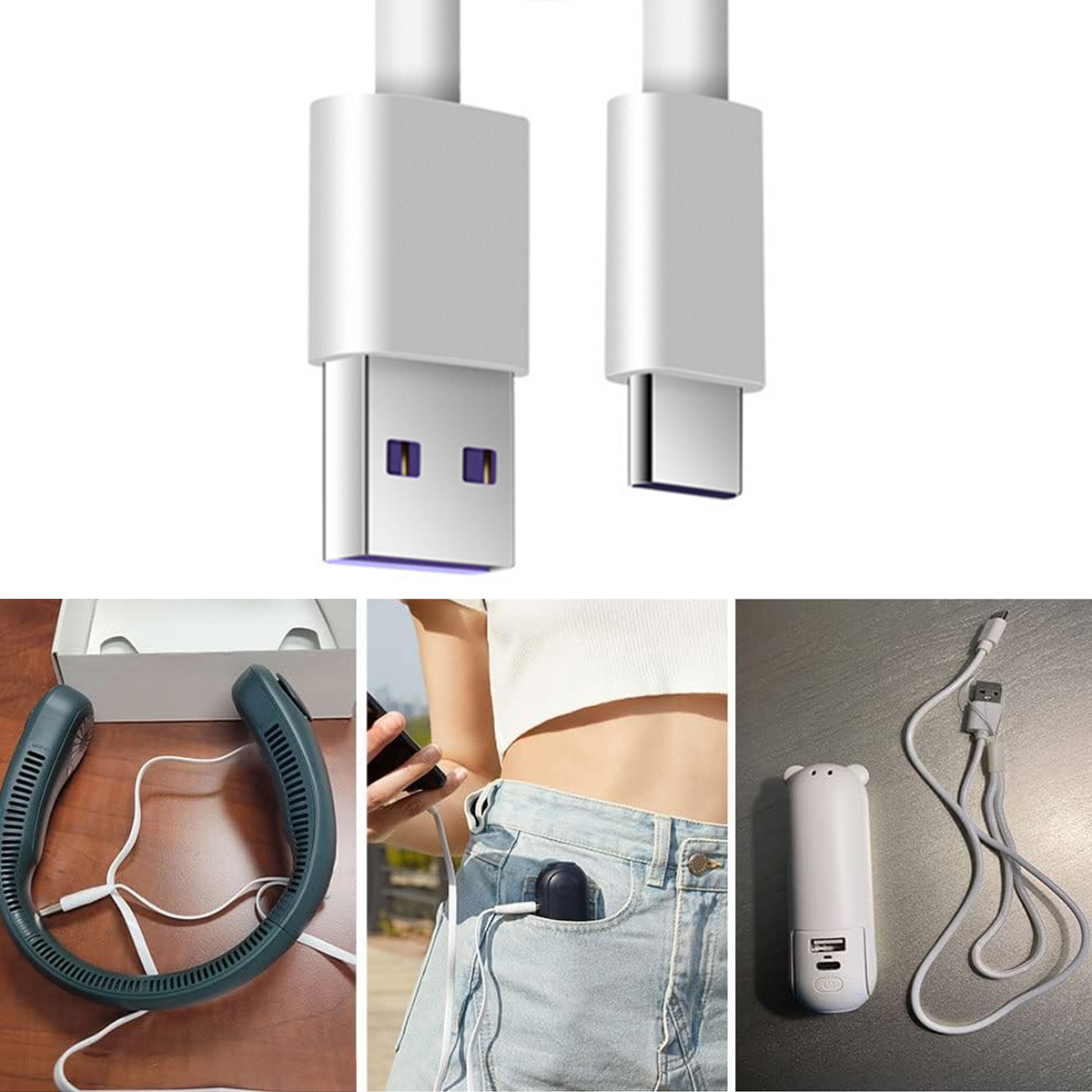 Das Bild zeigt USB- und USB-C-Kabel, einen Nackenventilator, ein Handy, das in einer Tasche geladen wird, und ein tragbares Ladegerät.