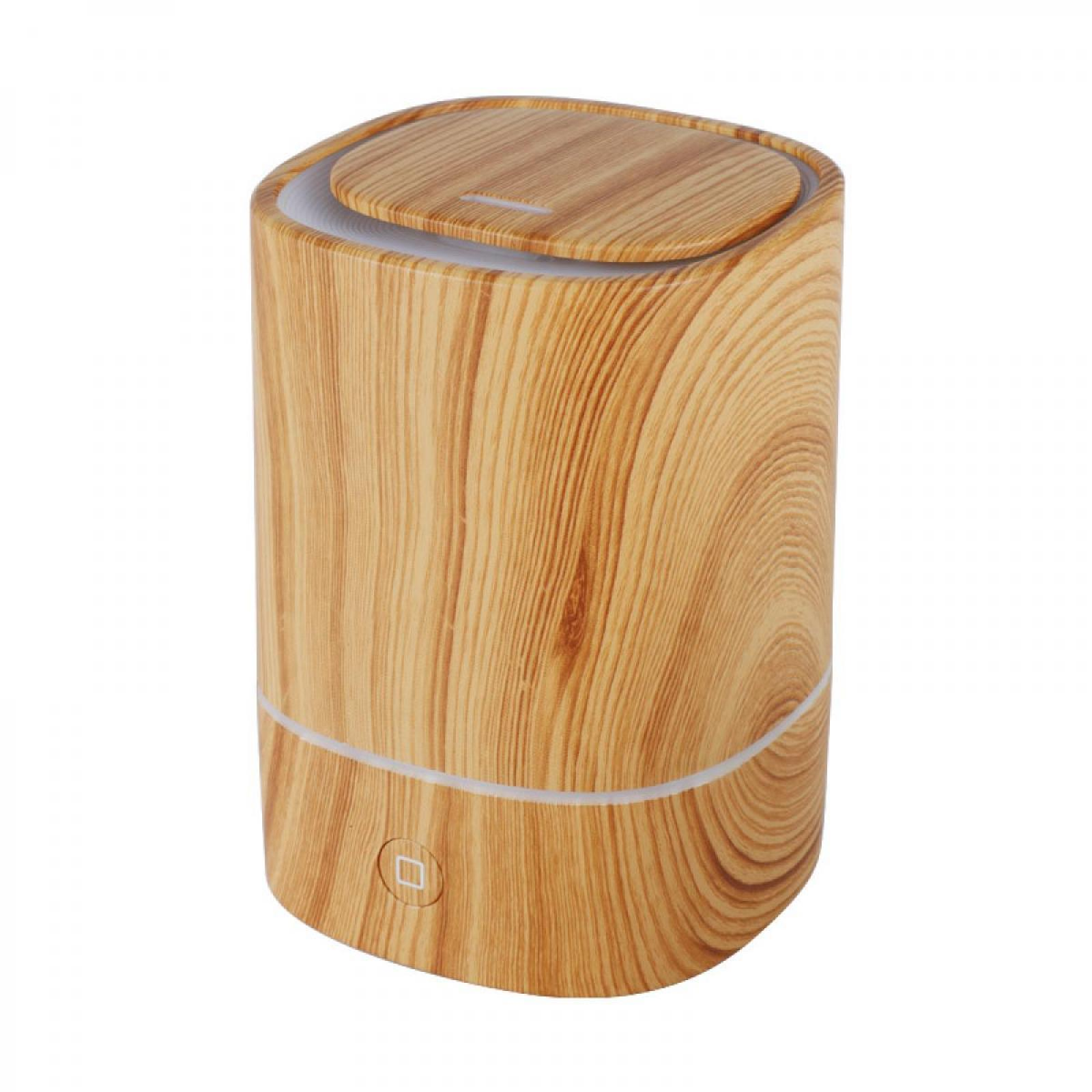 Ein zylindrischer Luftbefeuchter aus Holzmaserung. Er hat einen Deckel und einen Ein-/Ausschalter. Die Basis hat eine weiße Linie.
