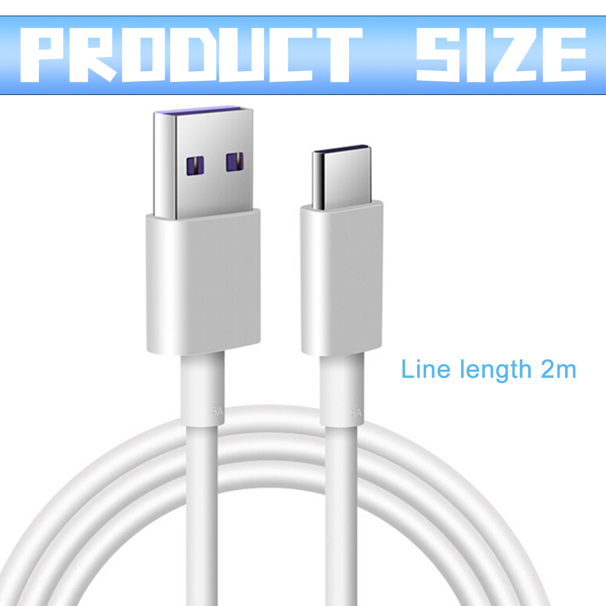 Das Bild zeigt ein weißes USB-zu-USB-C-Kabel mit einer Länge von 2 m. Produktgröße oben. Der Hintergrund ist weiß.