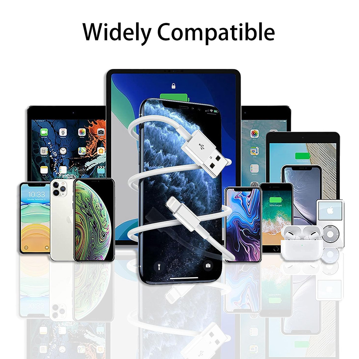Das Bild zeigt mehrere Smartphones und Tablets mit einem weißen Ladekabel, was eine breite Kompatibilität demonstriert.