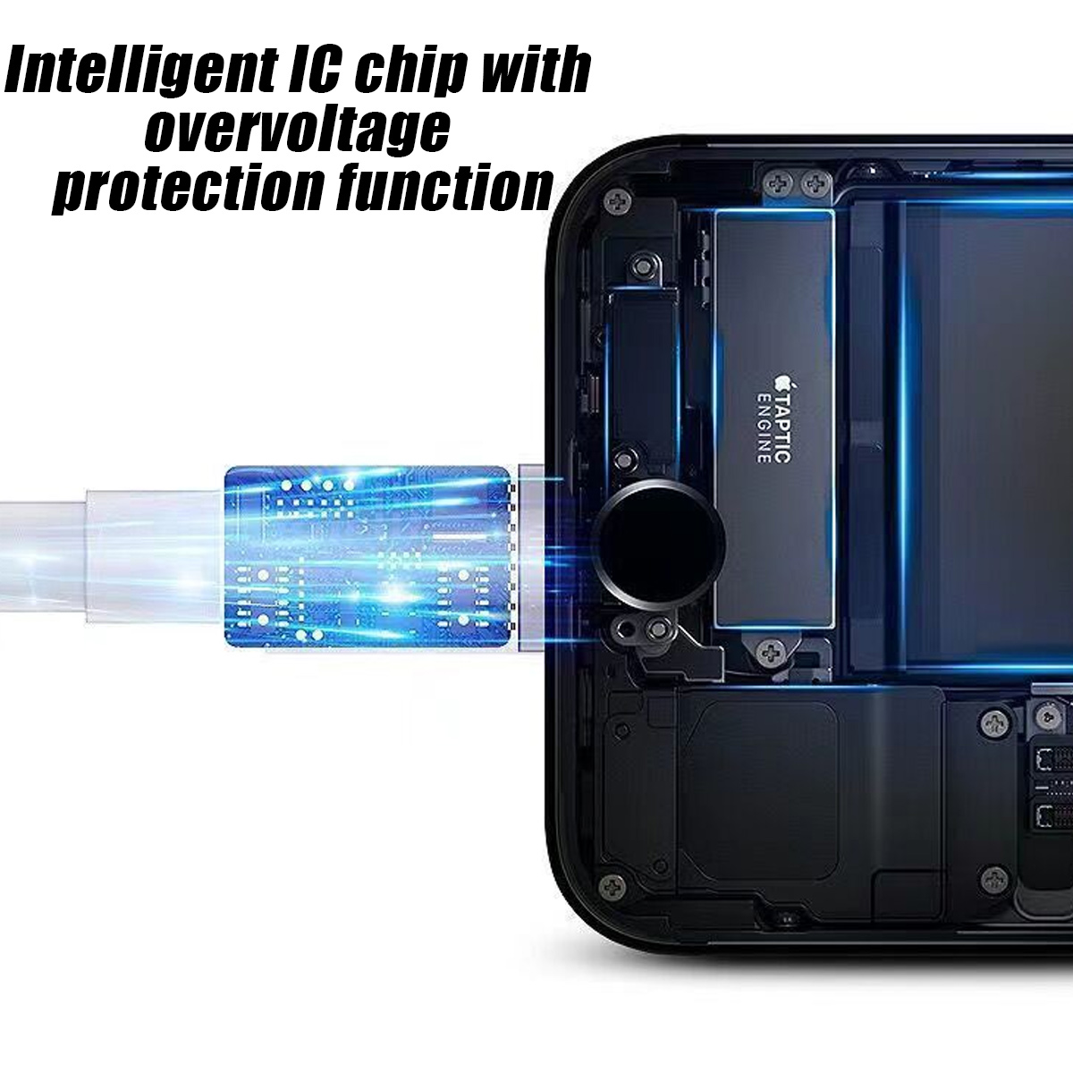 Interne Komponenten eines Telefons mit angeschlossenem Chip, der blaues Licht anzeigt. Text: Intelligenter IC-Chip mit Überspannungsschutzfunktion.