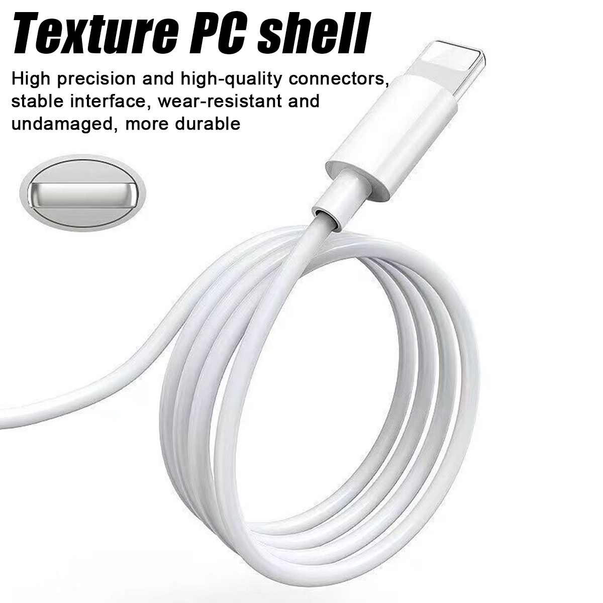 Ein weißes Ladekabel ist aufgerollt. Das Kabel hat an einem Ende einen Stecker und am anderen ein ovales Element.