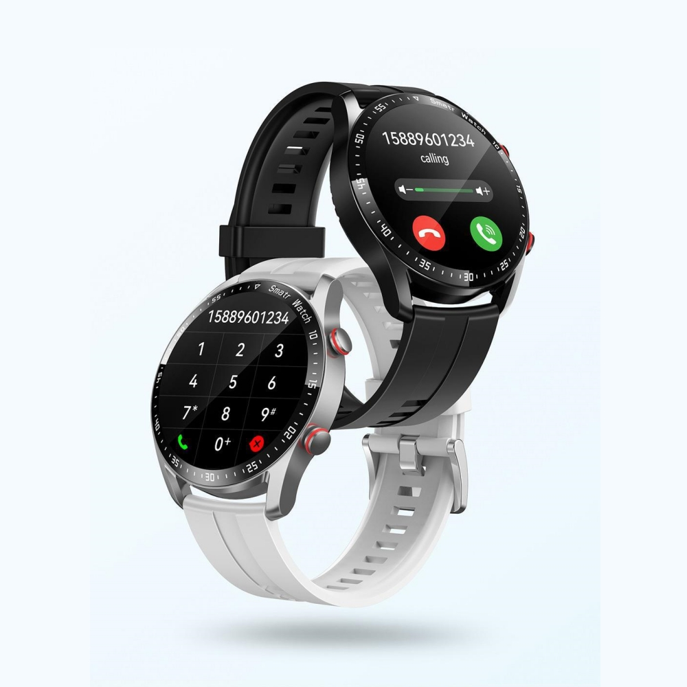 Zwei Smartwatches, eine schwarze und eine weiße, überlappend. Die schwarze Uhr zeigt einen Anrufbildschirm mit einer Nummer. Die weiße Uhr zeigt eine Tastatur.