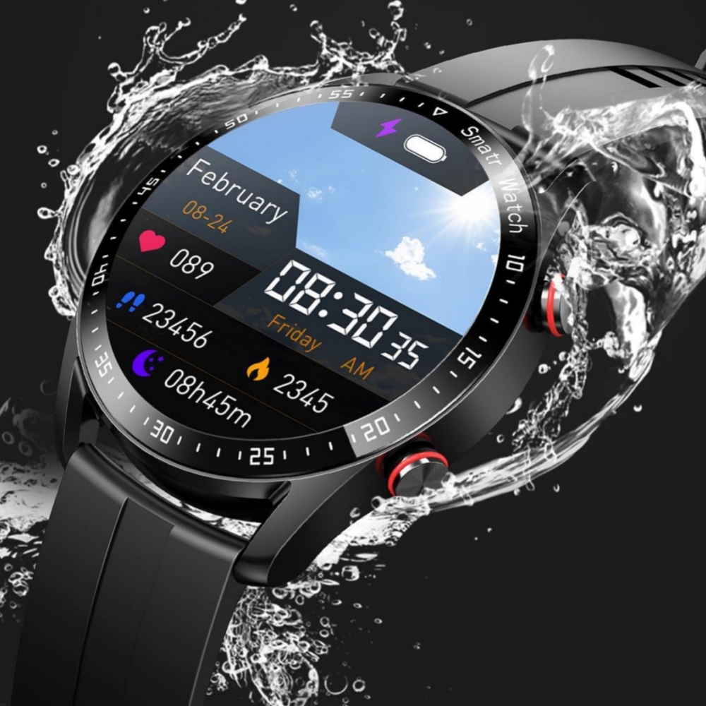 Eine schwarze Smartwatch zeigt Datum, Uhrzeit und Gesundheitsdaten. Wasser umgibt die Uhr. Der Bildschirm zeigt blauen Himmel und weiße Wolken.