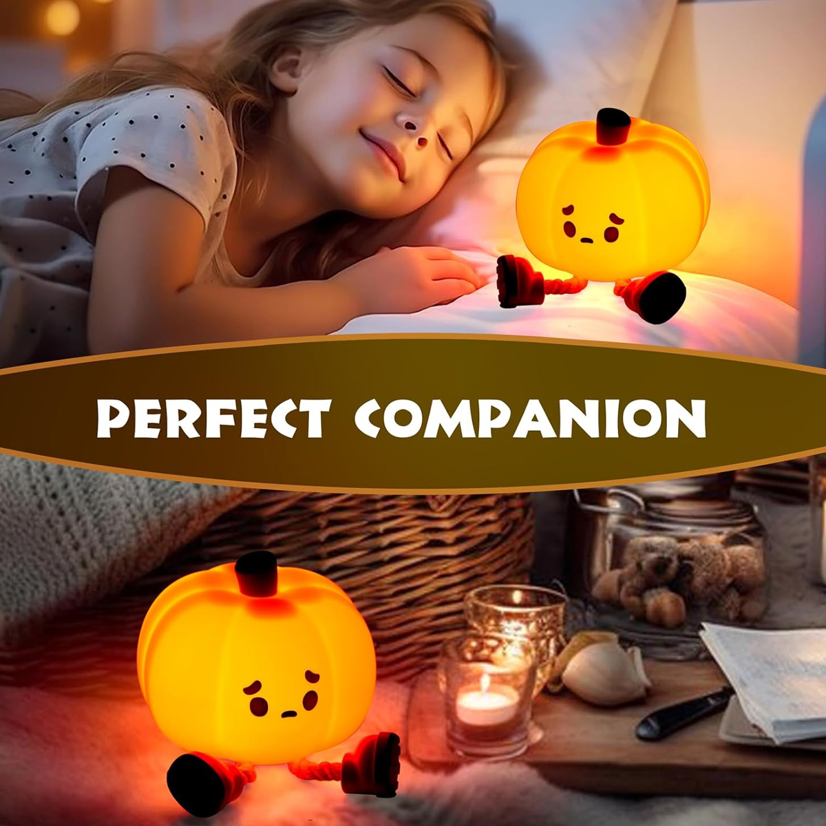 Ein schlafendes Mädchen neben einer kürbisförmigen Lampe. Die untere Hälfte zeigt die Lampe wieder mit Kerzen und anderen Objekten.