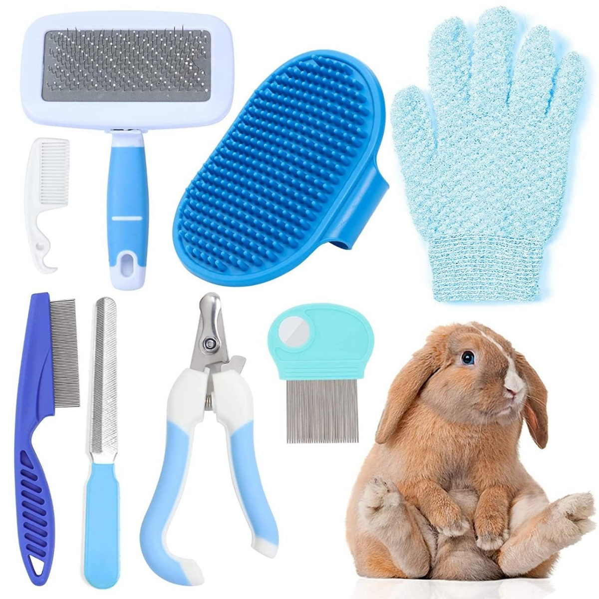 Ein braunes Kaninchen sitzt zwischen Pflegeutensilien wie Bürsten, Kämmen und Nagelknipsern. Ein blauer Handschuh ist ebenfalls vorhanden.