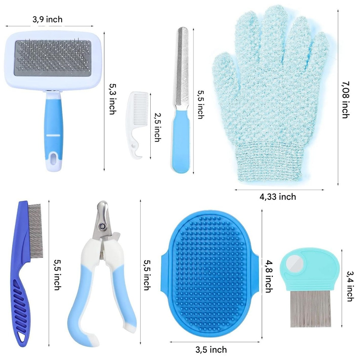 Tierpflege-Werkzeuge: Bürste, Feile, Handschuh, Kamm, Nagelknipser und Massagebürste. Alles in Blau- und Weißtönen, angeordnet auf weißem Untergrund.