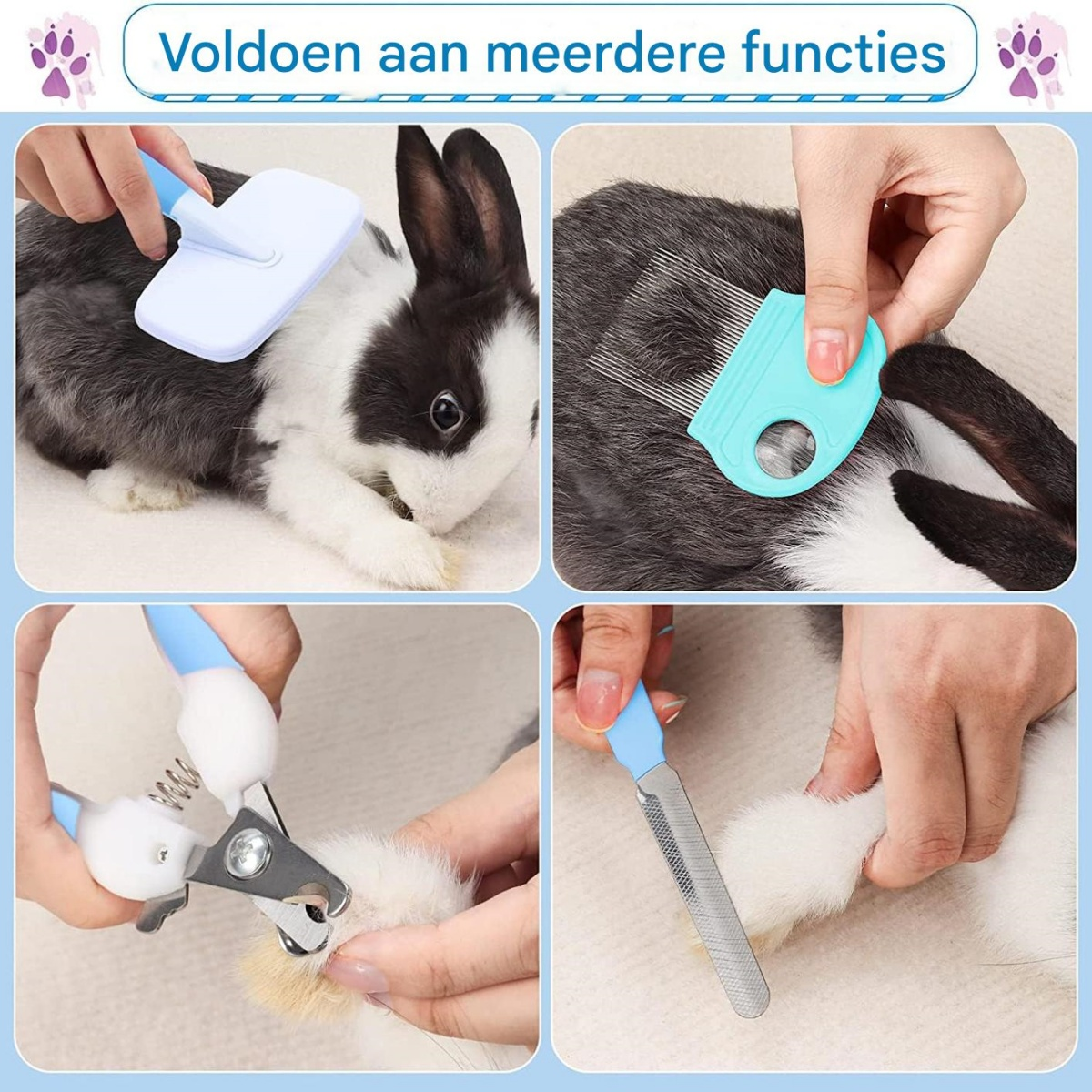 Das Bild zeigt die Pflege eines Kaninchens. Es umfasst Bürsten, Kämmen, Nagelschneiden und Feilen mit blauem Griff. Das Kaninchen ist schwarz und weiß.