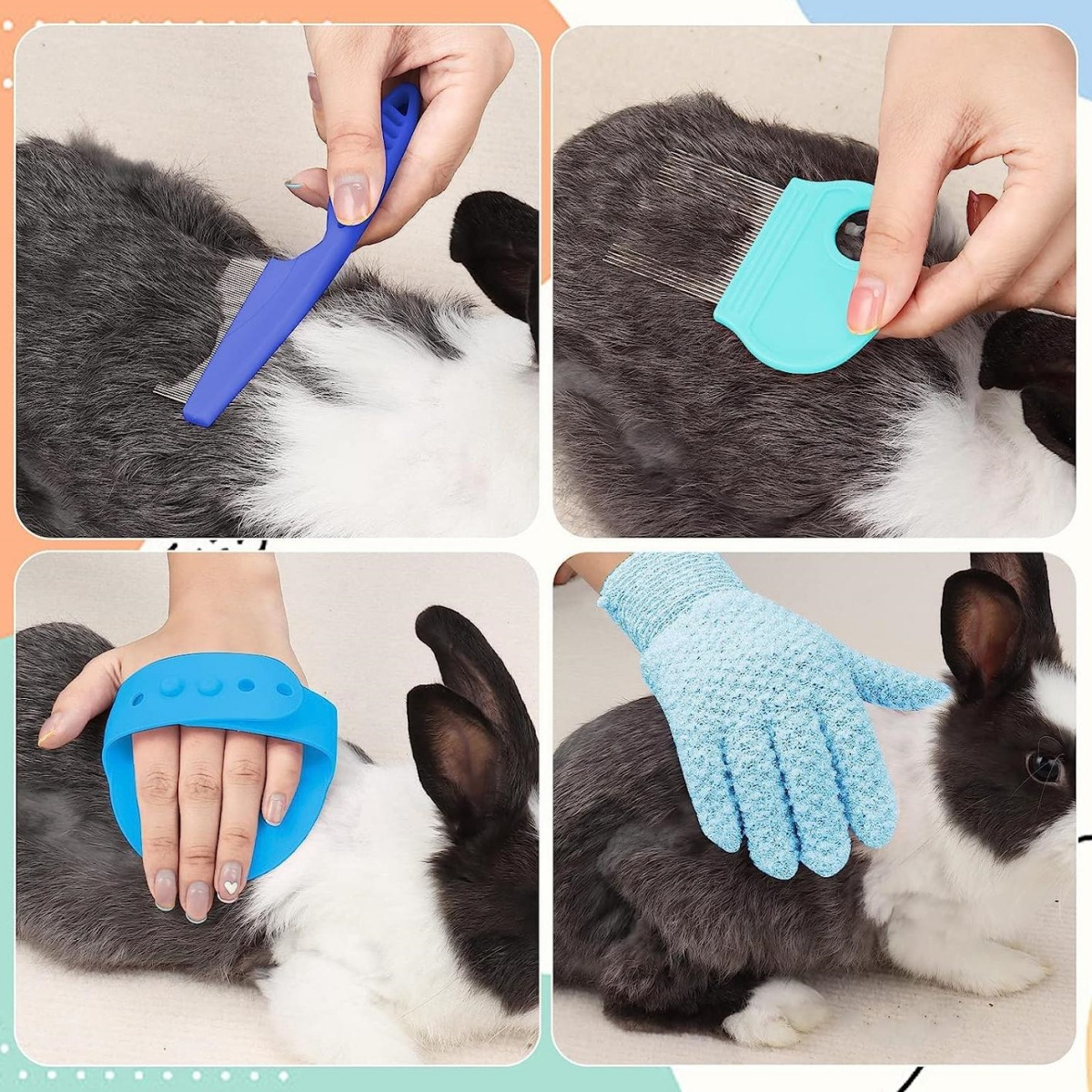 Vier Bilder zeigen die Pflege eines Kaninchens. Zu den Werkzeugen gehören ein blauer Kamm, ein grüner Kamm, ein blauer Handgroomer und ein blauer Pflegehandschuh.