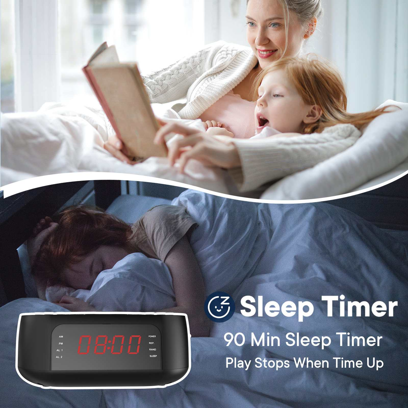 Eine Frau liest einem Kind im Bett vor. Eine Digitaluhr zeigt 08:00 Uhr an. Text sagt 'Sleep Timer' und '90 Min Sleep Timer'.
