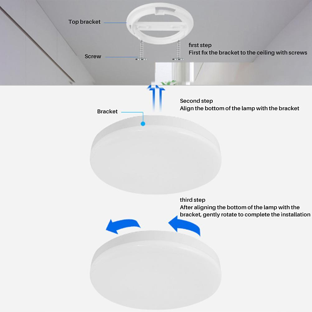 Diagramm, das die Schritte zur Installation einer Deckenleuchte zeigt: Befestigung der Halterung, Ausrichtung der Lampe und Drehen zum Sichern.
