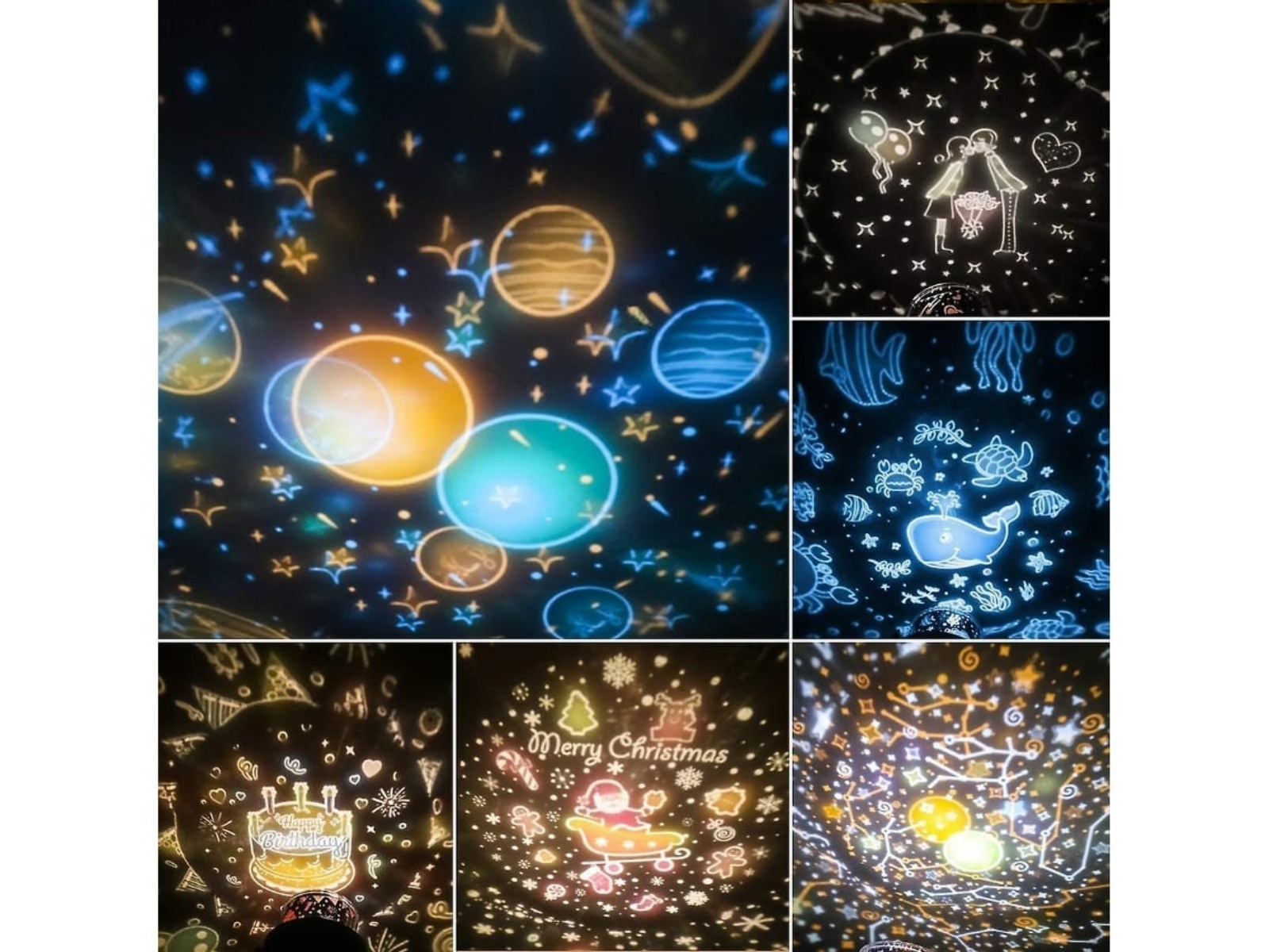Ein dunkler Hintergrund mit projizierten Bildern von Planeten, Sternen, Meeresbewohnern, Paaren, Geburtstagskuchen, Weihnachtsmann und Mustern.