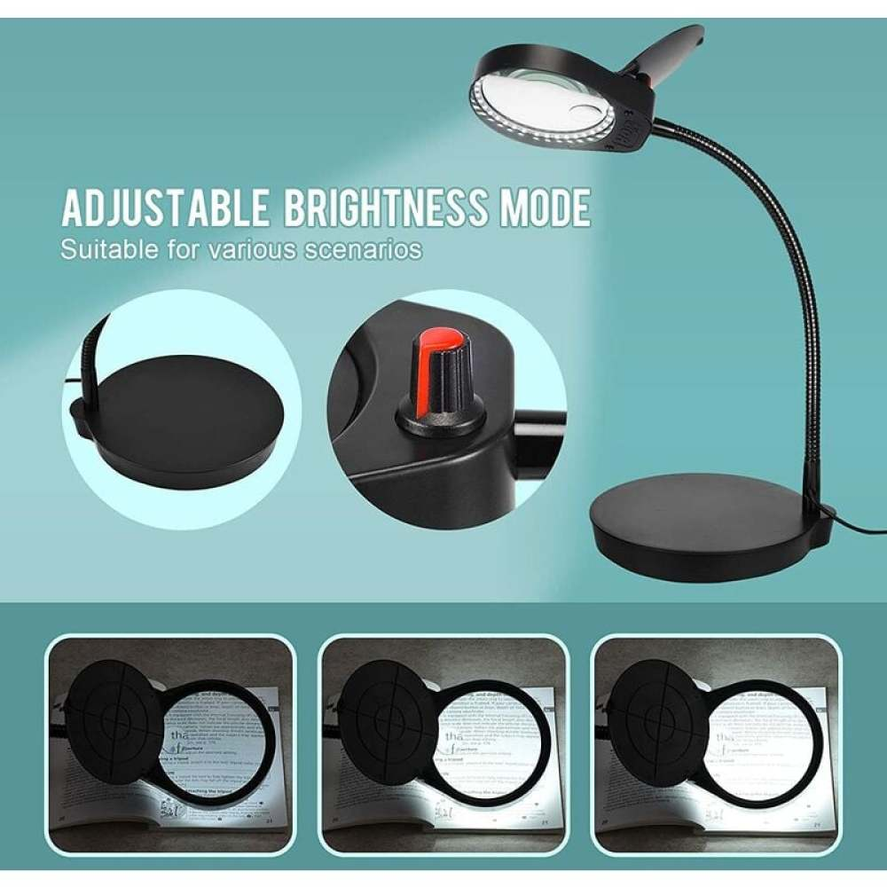 Eine Lupe mit einstellbarer Helligkeit wird gezeigt. Die Lampe ist schwarz, mit einem flexiblen Hals und einem runden Sockel.