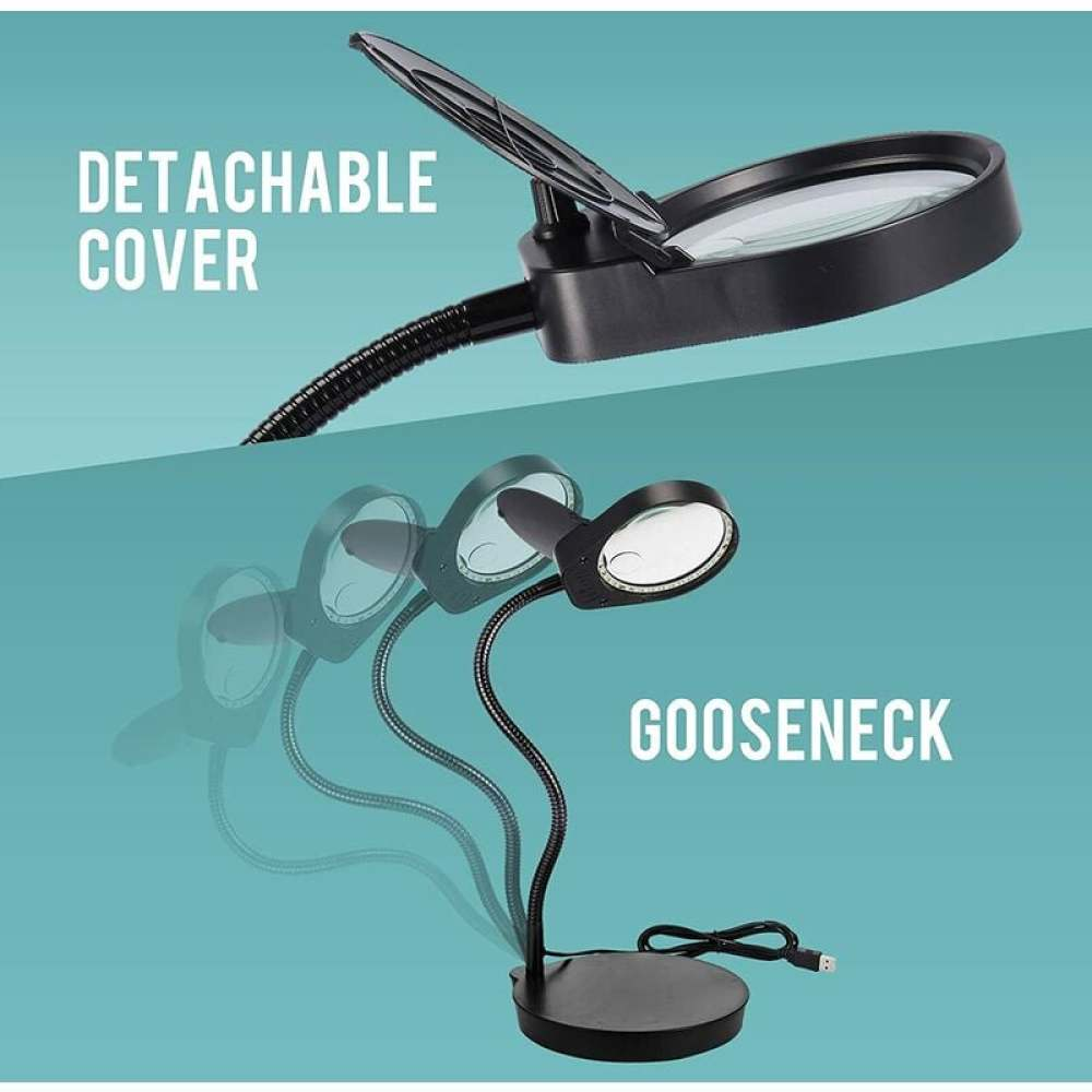 Eine Lupenlampe mit abnehmbarem Deckel und Schwanenhals. Die Lampe ist schwarz, mit einer runden Lupe und einem USB-Kabel.
