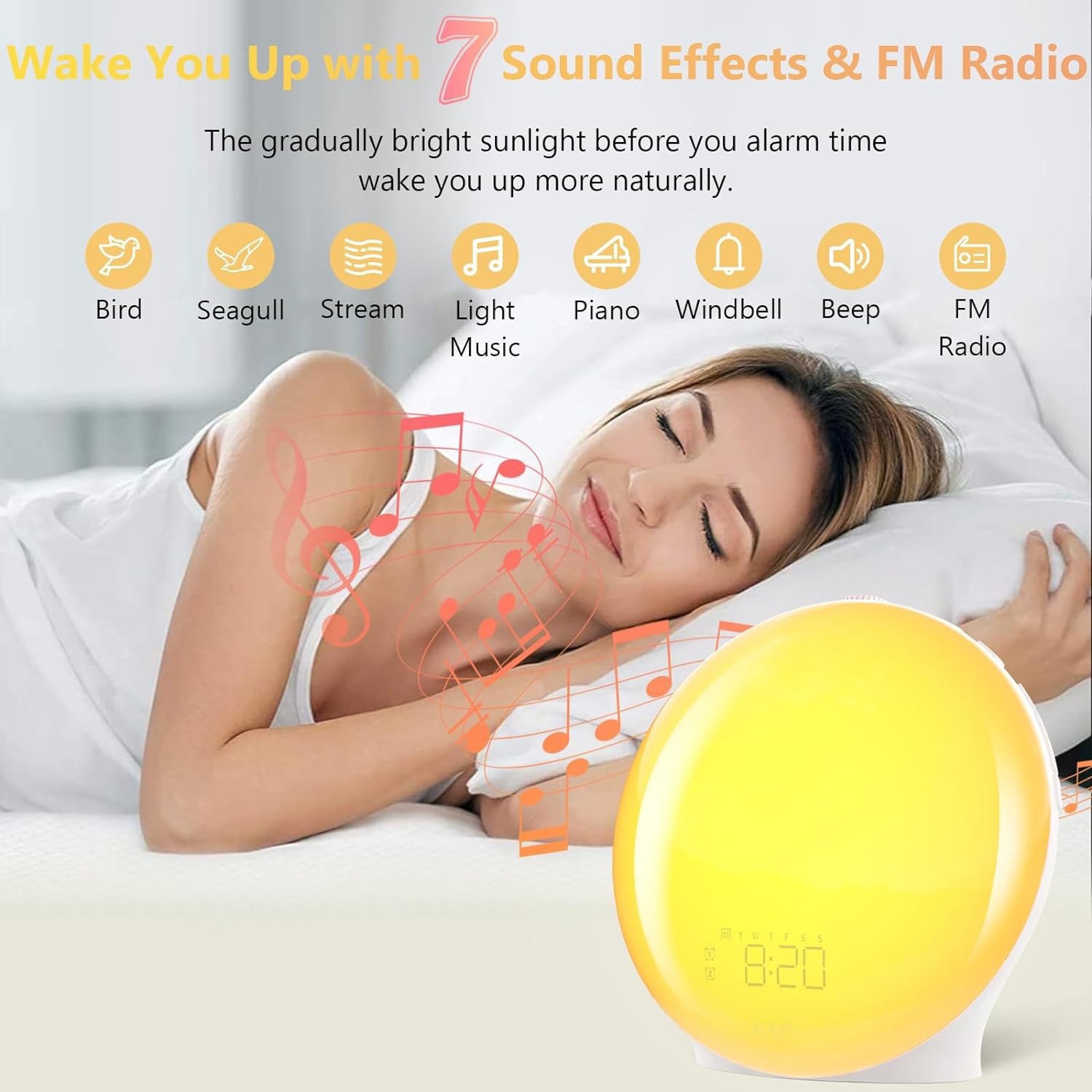 Frau im Bett mit gelbem Sonnenaufgang-Wecker. Text: Wecken Sie sich mit 7 Soundeffekten & FM-Radio.