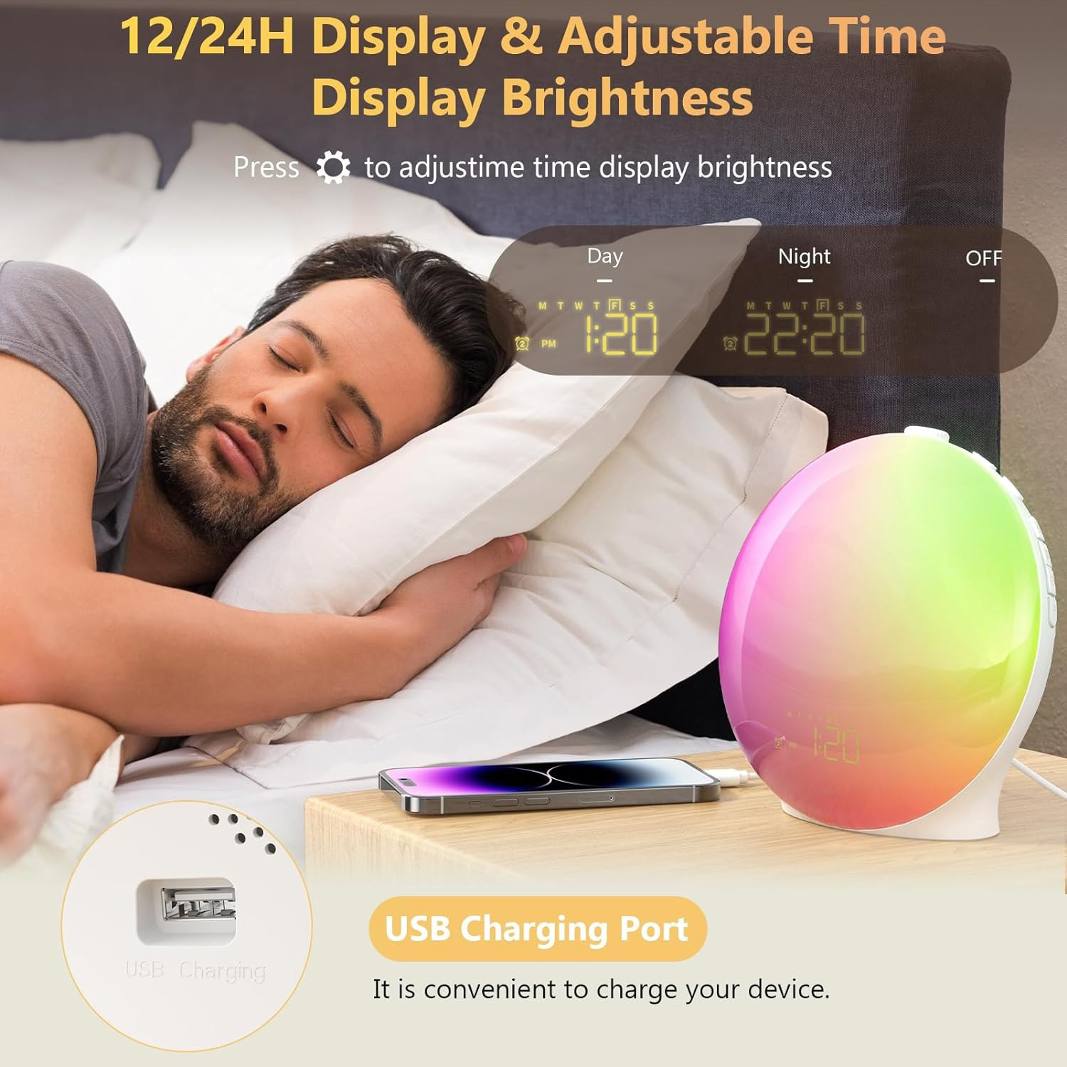 Mann schläft im Bett mit Digitaluhr. Ein Telefon liegt auf dem Tisch. Die Uhr hat einen rosa-grünen Farbverlauf.