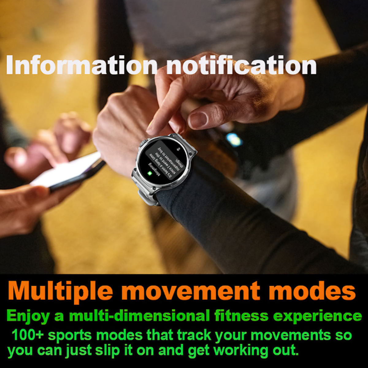 Eine Person trägt eine Smartwatch und erhält eine Benachrichtigung. Text auf der Uhr. Im Hintergrund eine weitere Person mit einem Telefon.