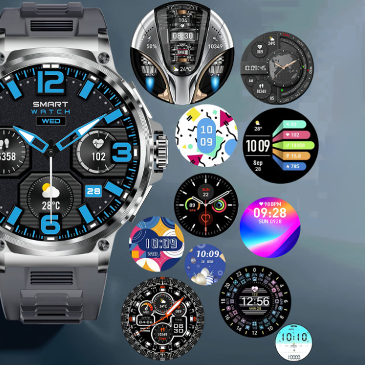 Eine Smartwatch mit mehreren Zifferblattdesigns, die darum herum angezeigt werden. Die Hauptuhr ist grau und schwarz.