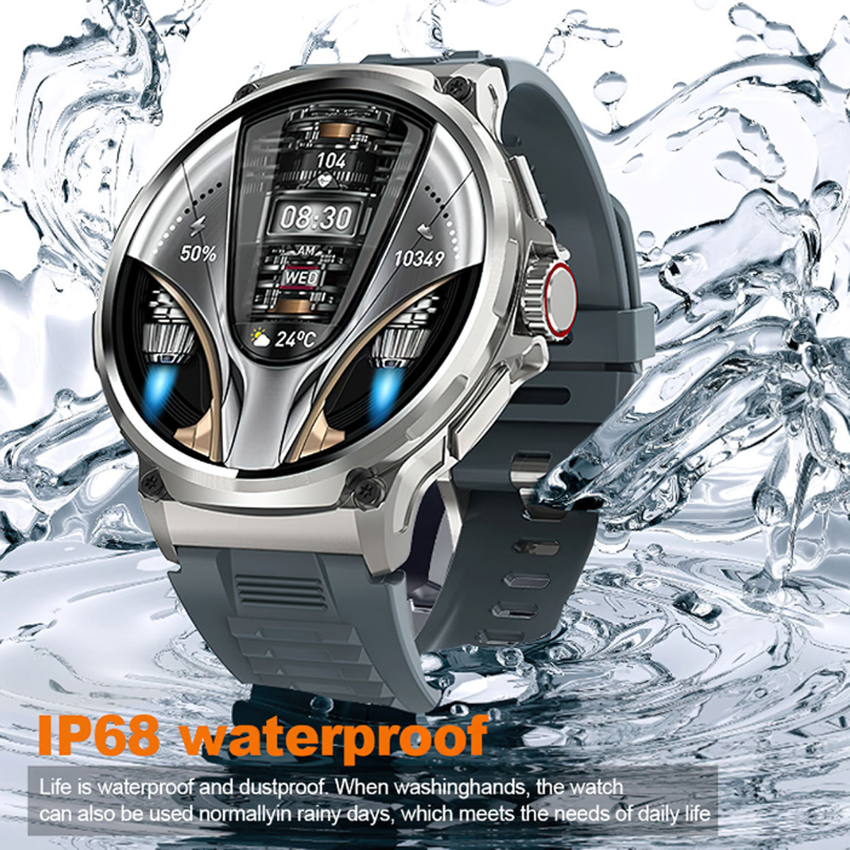 Eine silberne Smartwatch mit grauem Armband wird mit Wasserspritzern dargestellt. Der Bildschirm zeigt die Uhrzeit und andere Daten.