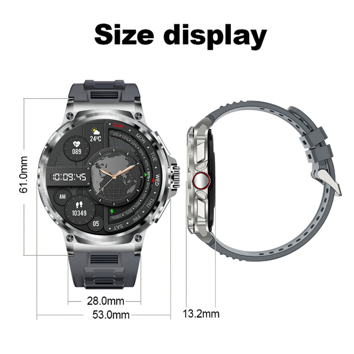 Smartwatch mit Größenanzeige. Vorder- und Seitenansicht. Zeigt Zeit, Temperatur und Tag an. Graues Armband und silbernes Gehäuse. Maße gezeigt.