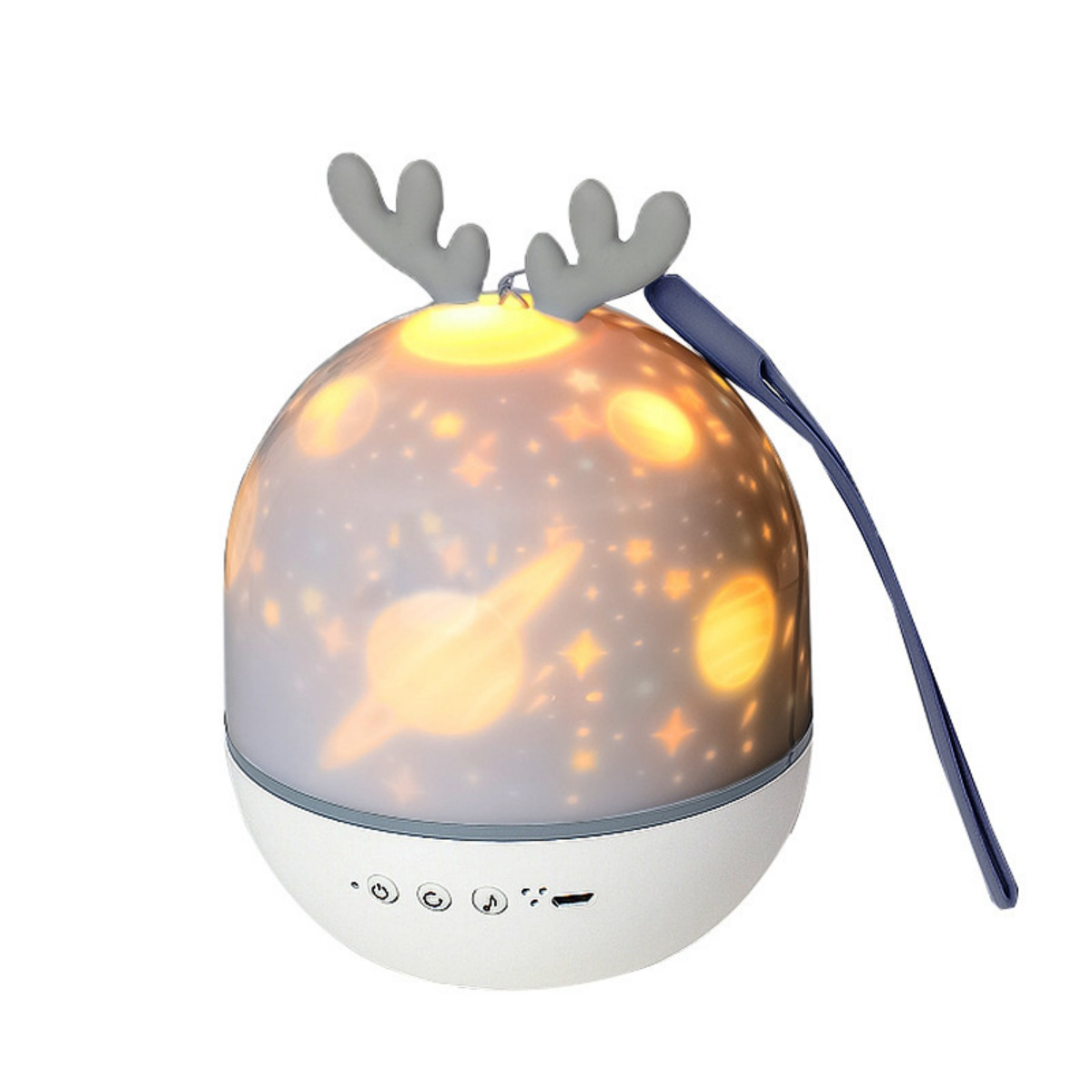 Eine weiße und blaue Sternenprojektorlampe mit Hirschgeweih oben. Sie projiziert Sterne und Planeten. Es ist ein blauer Riemen befestigt.