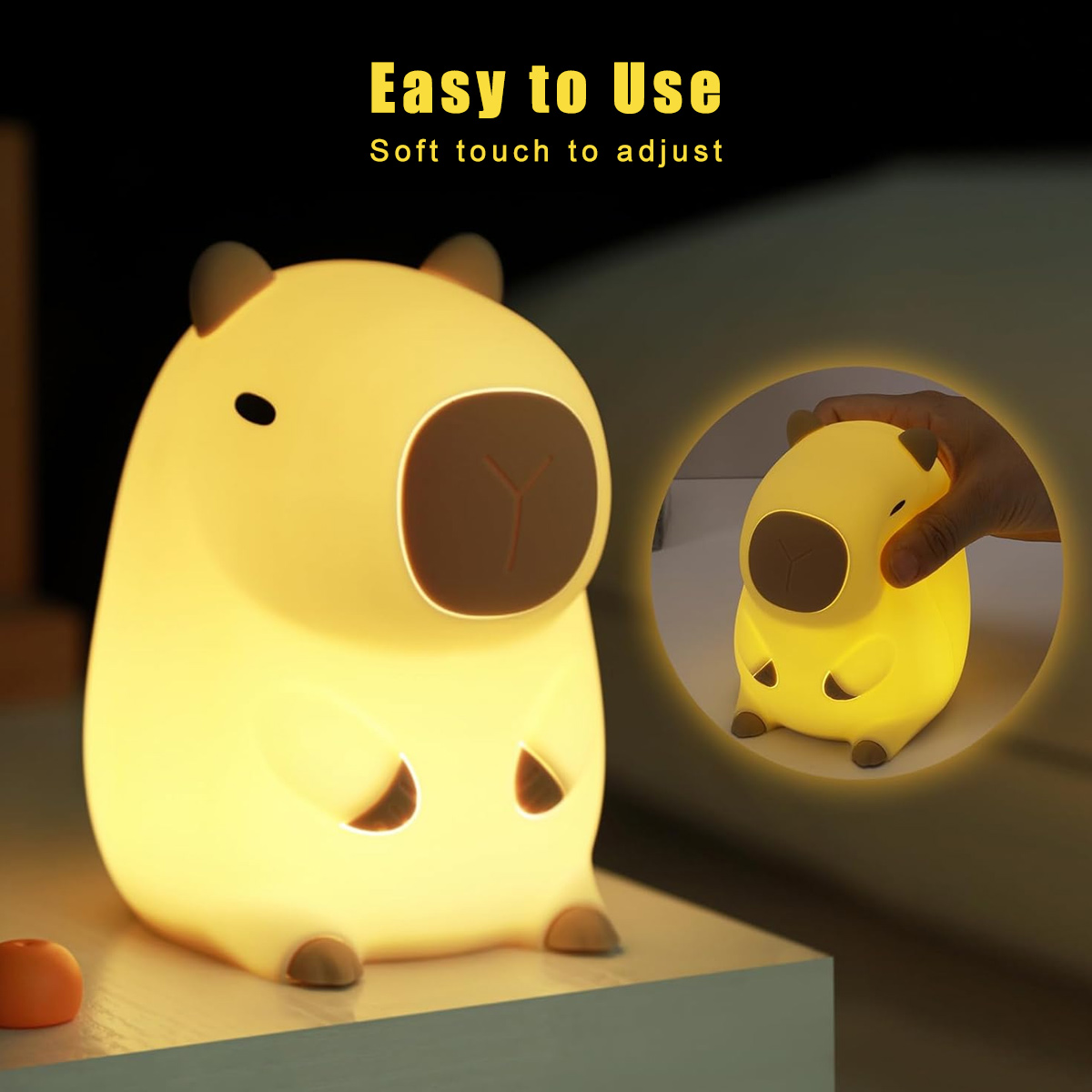 Ein leuchtendes Capybara-Nachtlicht. Oben steht 'Easy to Use'. Ein kleineres Bild zeigt eine Hand, die das Licht einstellt.