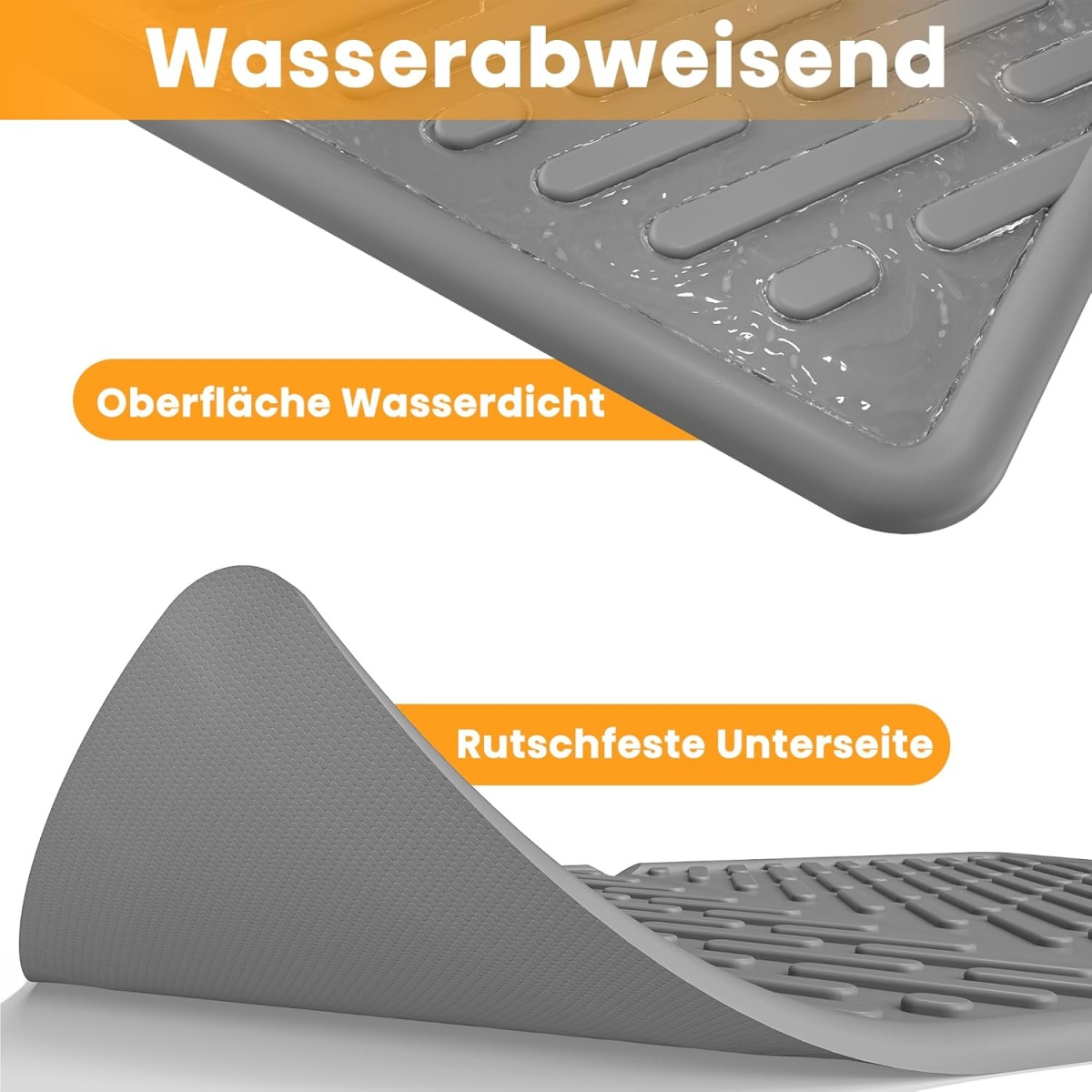 Graues Detail einer Automatte. Wasserdichte Oberseite mit strukturiertem Design und rutschfeste Unterseite. Deutsche Texte: 'Wasserabweisend', 'Oberfläche Wasserdicht'.