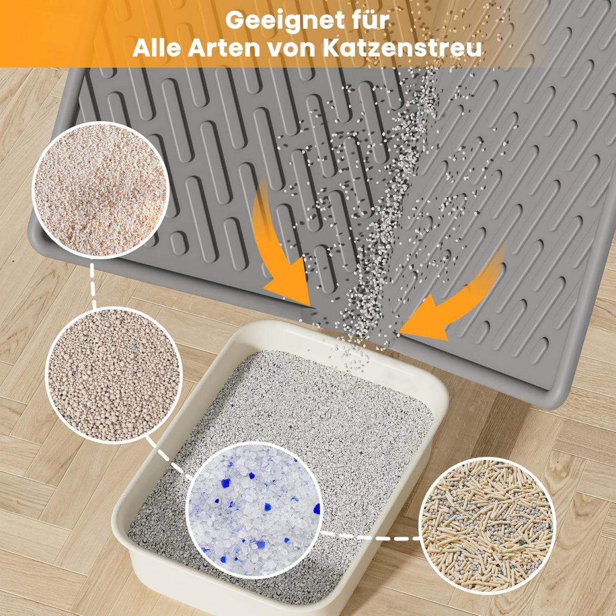 Das Bild zeigt verschiedene Katzenstreuarten mit einer grauen Matte und einer weißen Katzentoilette. Text: 'Geeignet für alle Arten von Katzenstreu'.