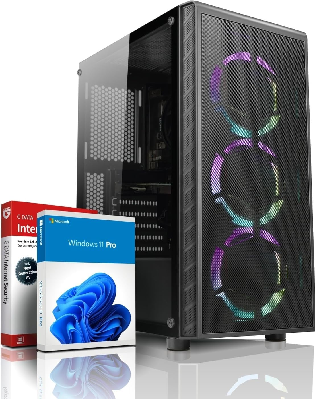 Ein Computerturm mit Glasseitenwand steht neben zwei Softwareboxen: Windows 11 Pro und G DATA Internet Security.