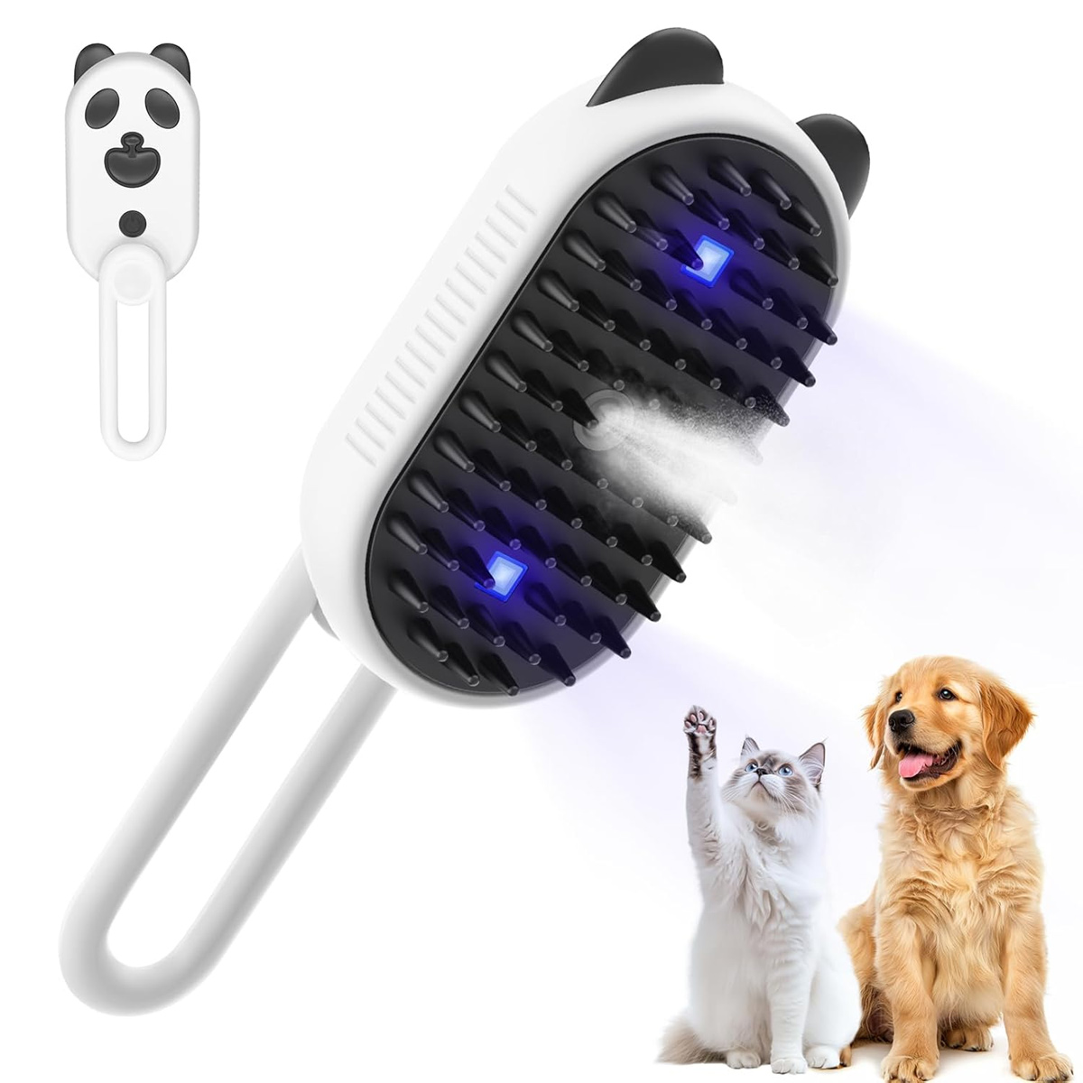 Eine weiß-schwarze Haustierbürste mit Panda-Kopf-Design, eine Katze, die eine Pfote hebt, und ein Hund, der sitzt, alles vor weißem Hintergrund.