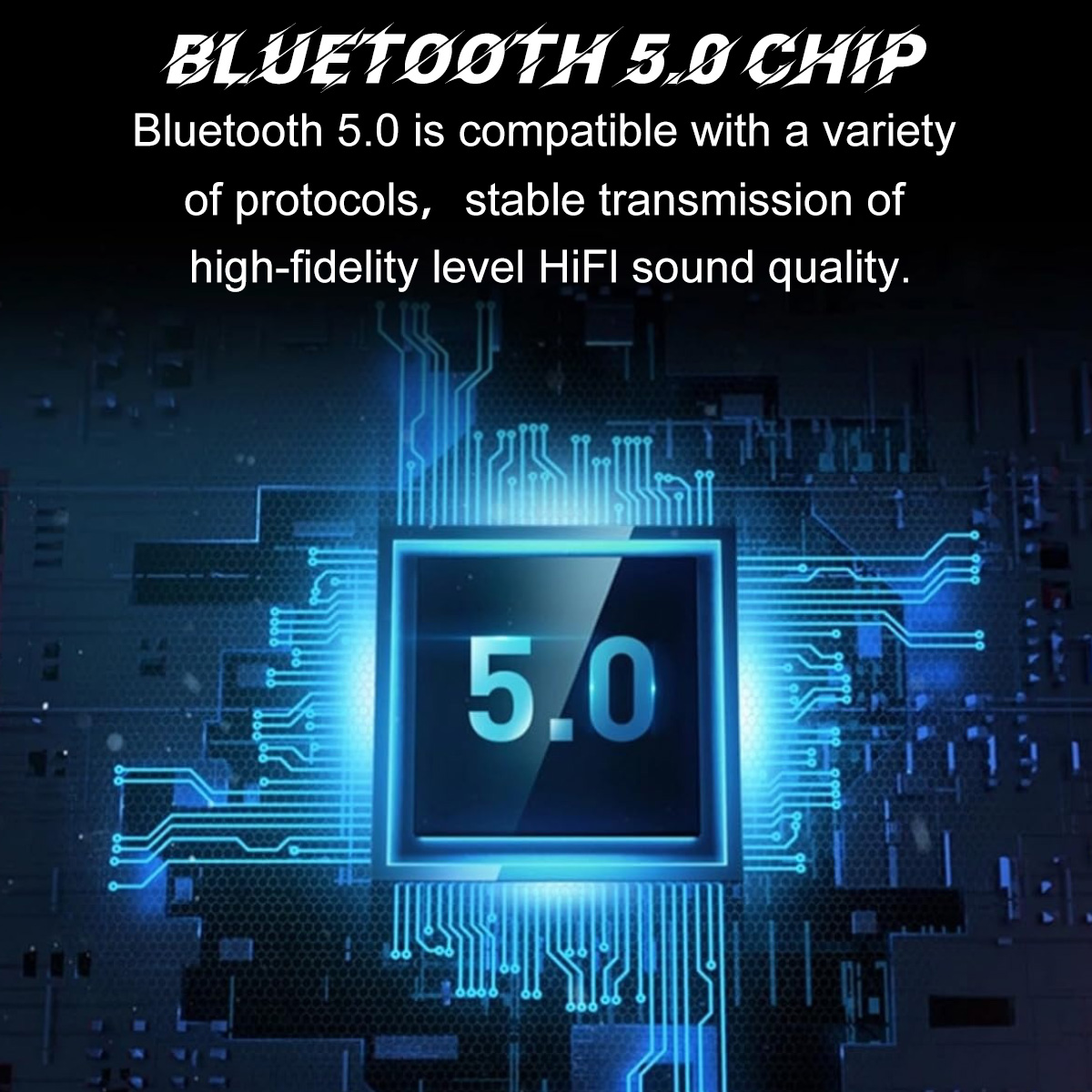Das Bild zeigt einen Bluetooth 5.0 Chip mit einem zentralen Quadrat mit der Aufschrift '5.0'. Blaue Schaltkreise umgeben das Quadrat auf dunklem Hintergrund.