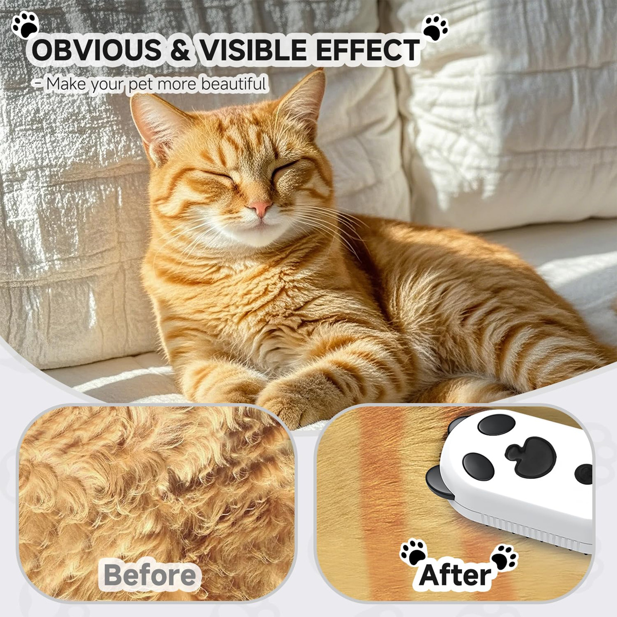 Eine orange Katze liegt mit geschlossenen Augen da. Darunter befindet sich ein Vorher-Nachher-Bild, das Fell vor und nach der Fellpflege zeigt.