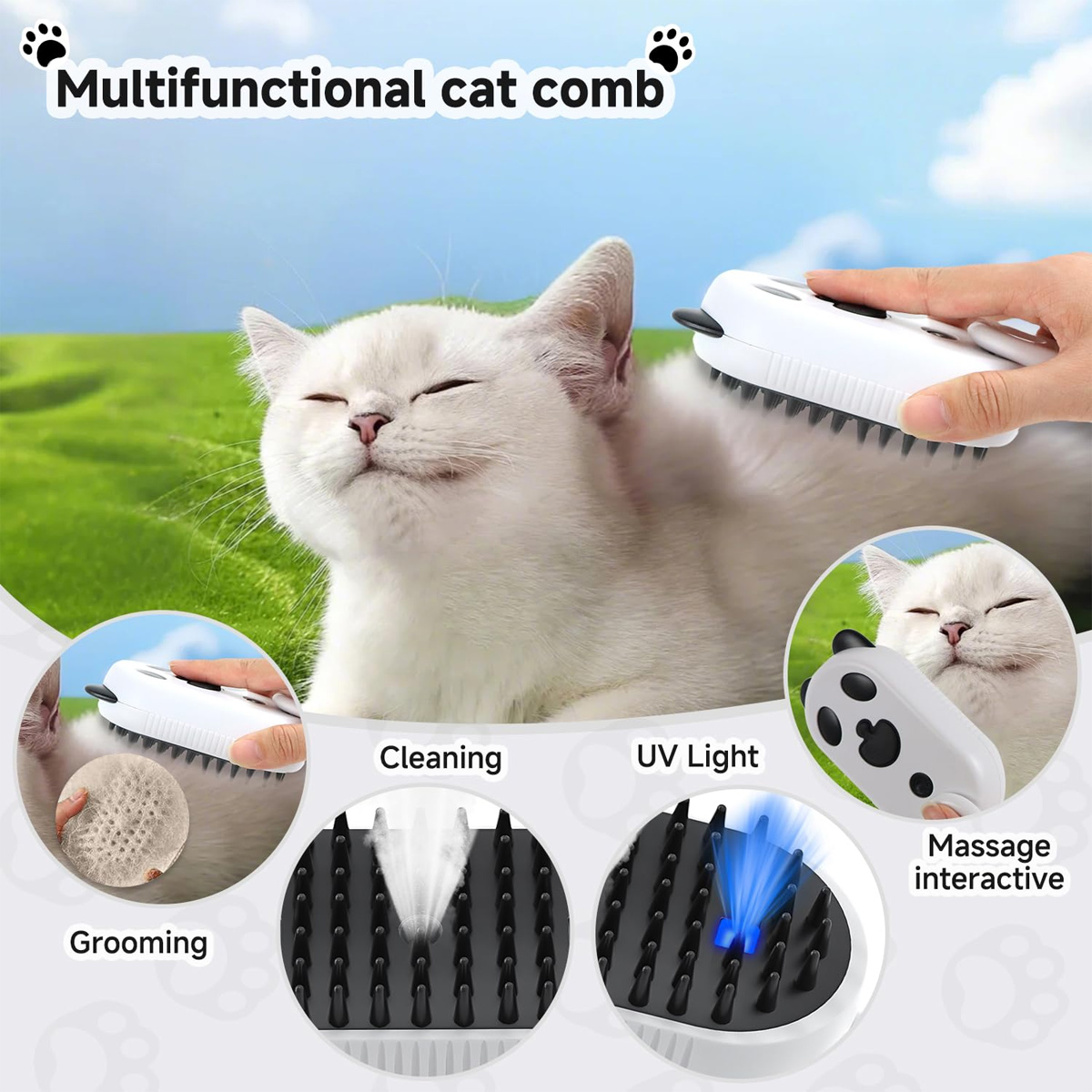 Weiße Katze wird mit einem weißen Kamm gepflegt. Zusätzliche Funktionen: Reinigung, UV-Licht und Massage.