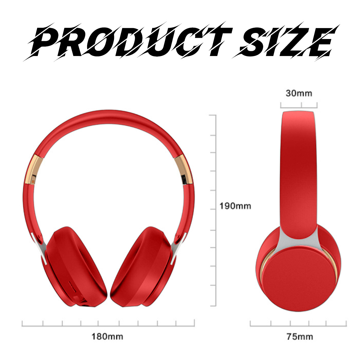 Rote Kopfhörer mit Größenangaben: 180 mm Breite, 190 mm Höhe und 75 mm und 30 mm für die Seitenansicht.