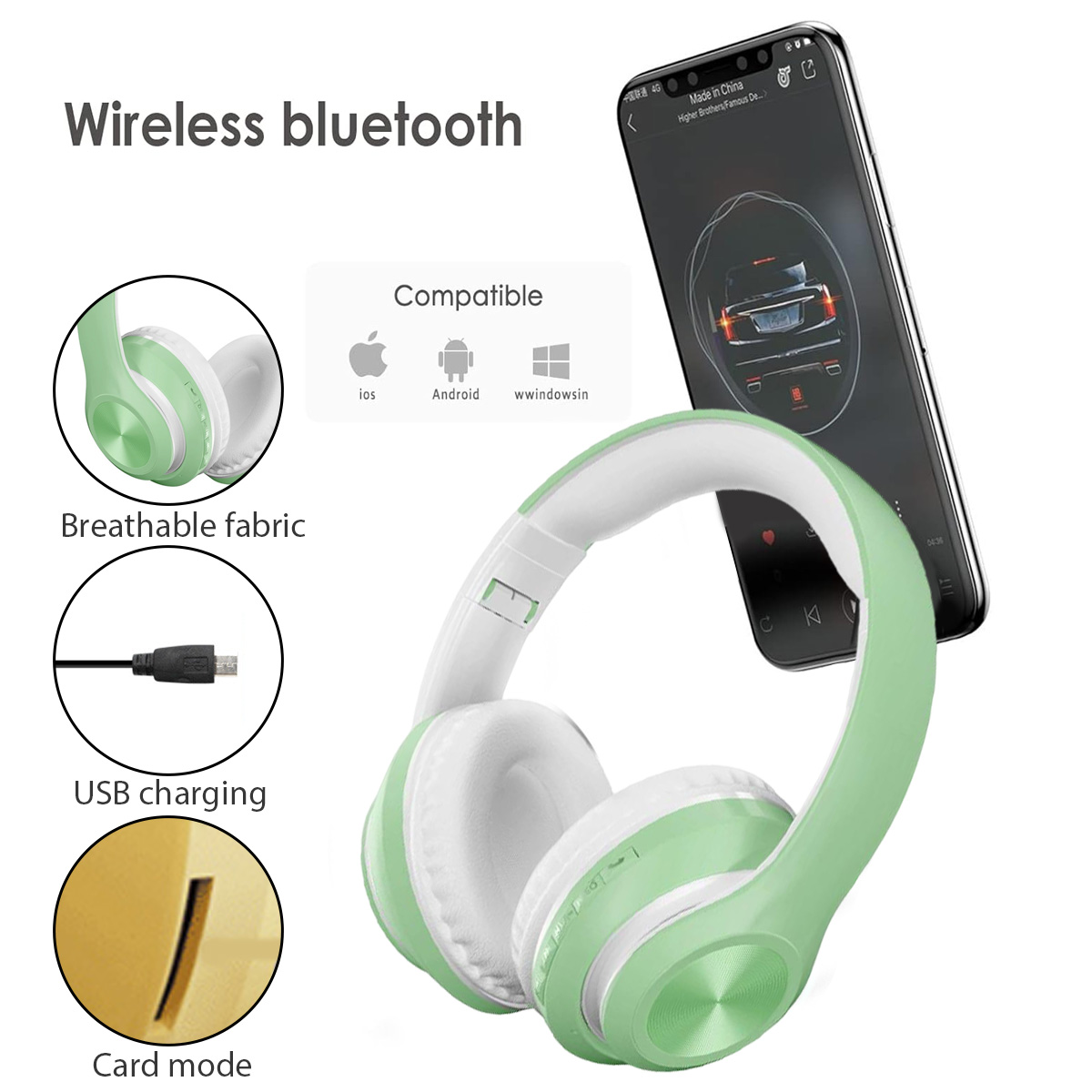 Grüne und weiße kabellose Kopfhörer mit einem Telefon, das ein Auto anzeigt. Zusätzliche Symbole für USB-Aufladung und Kartenmodus sind vorhanden.