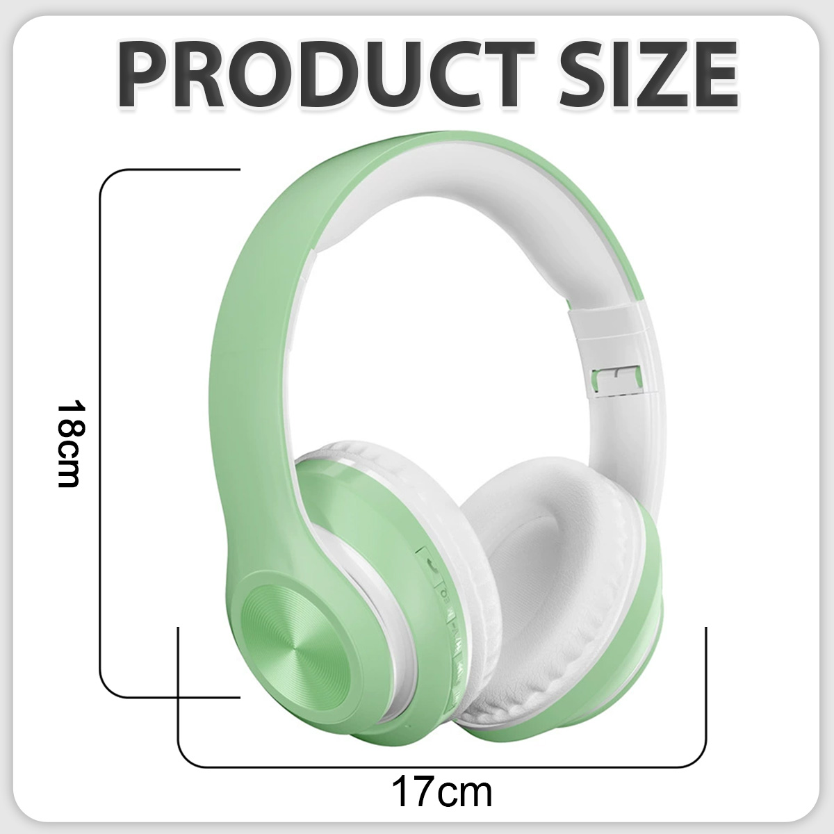 Grüne und weiße Kopfhörer mit Produktdetails: 18 cm Höhe und 17 cm Breite, auf weißem Hintergrund dargestellt.