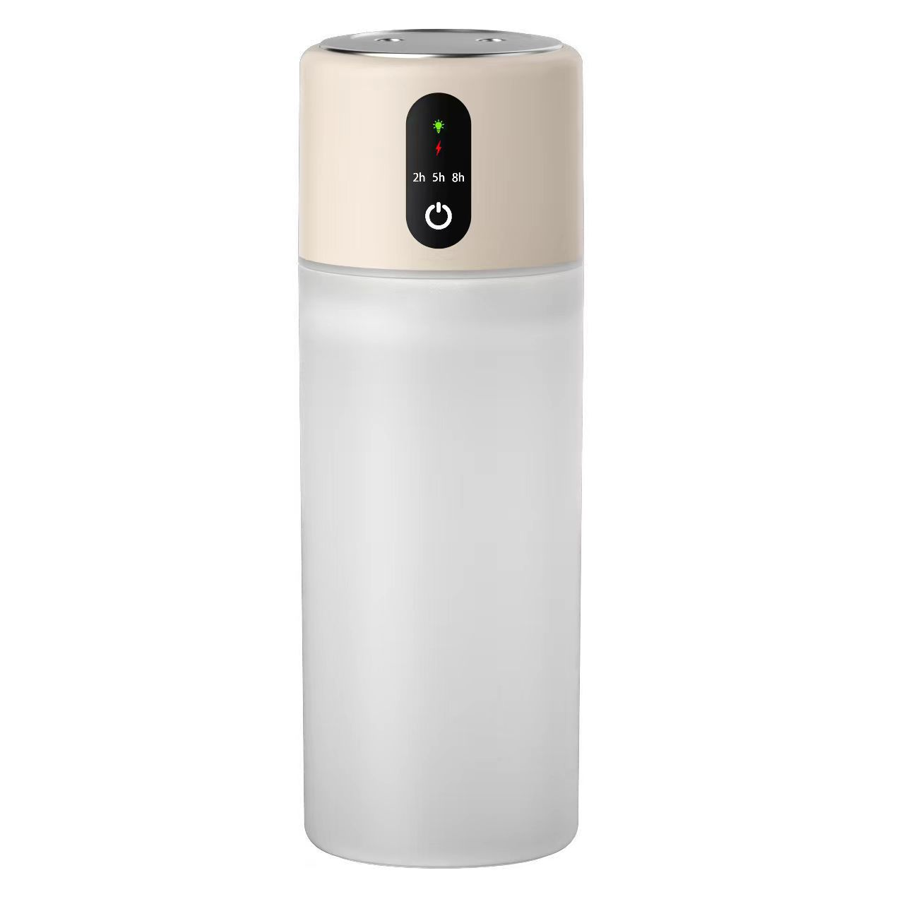 Ein cremefarbenes und weißes zylindrisches Gerät. Es hat einen Power-Knopf, eine Batterieanzeige und Zeitoptionen (2h, 5h, 8h) auf der Vorderseite.